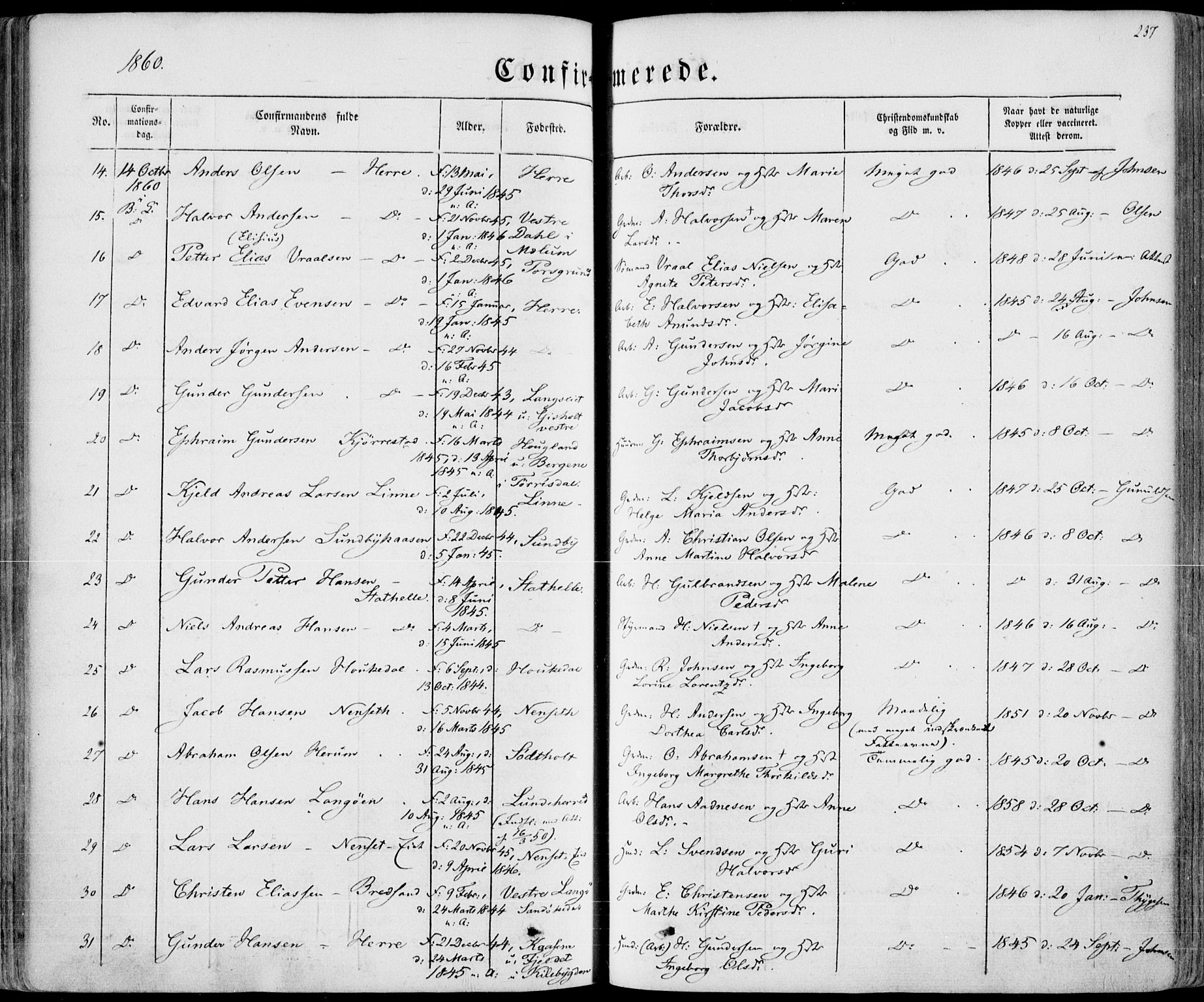 Bamble kirkebøker, AV/SAKO-A-253/F/Fa/L0005: Parish register (official) no. I 5, 1854-1869, p. 237