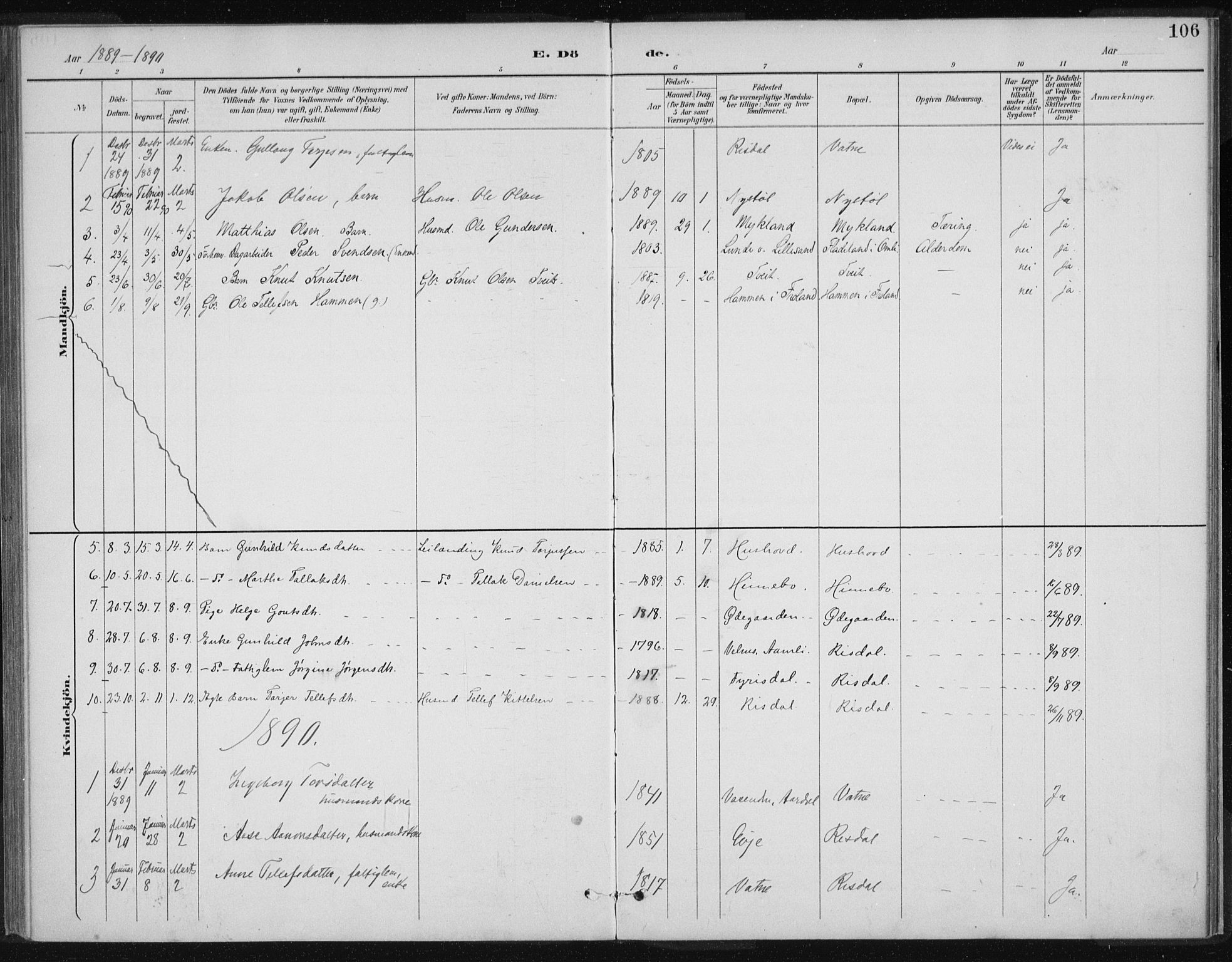 Herefoss sokneprestkontor, SAK/1111-0019/F/Fa/Fac/L0002: Parish register (official) no. A 2, 1887-1915, p. 106