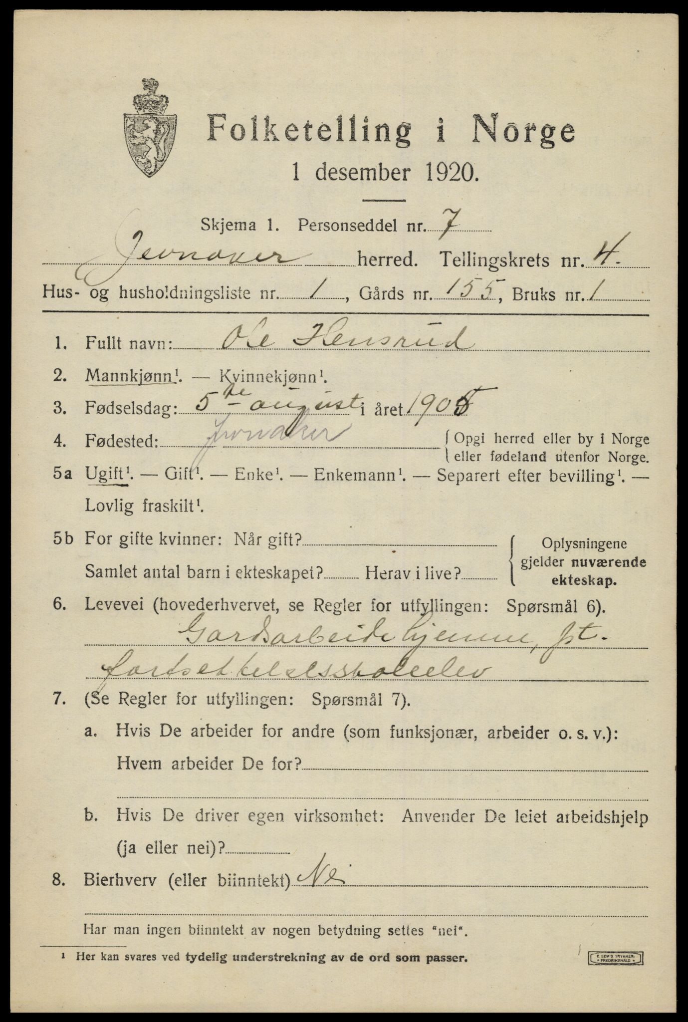 SAH, 1920 census for Jevnaker, 1920, p. 6399