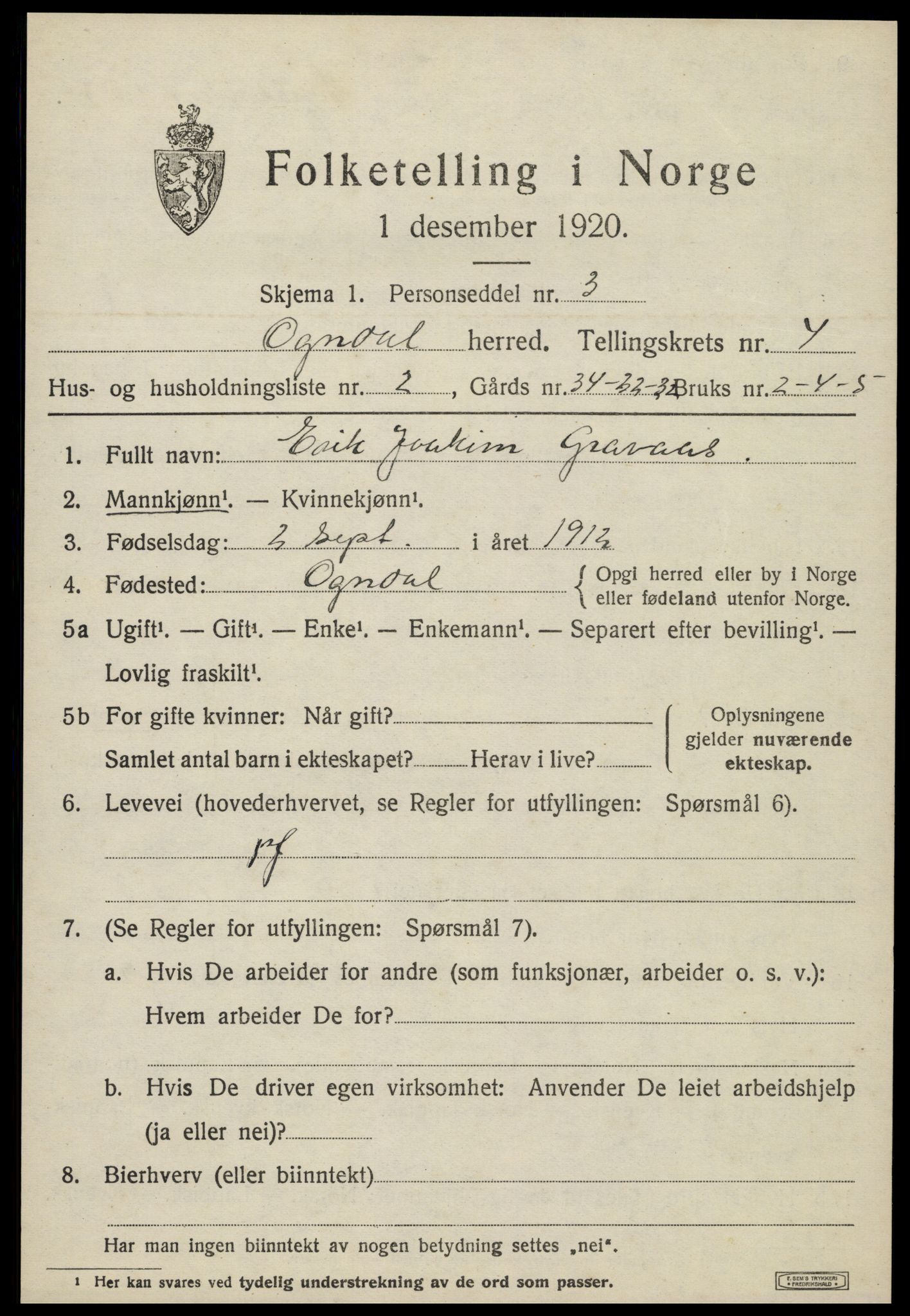 SAT, 1920 census for Ogndal, 1920, p. 1381