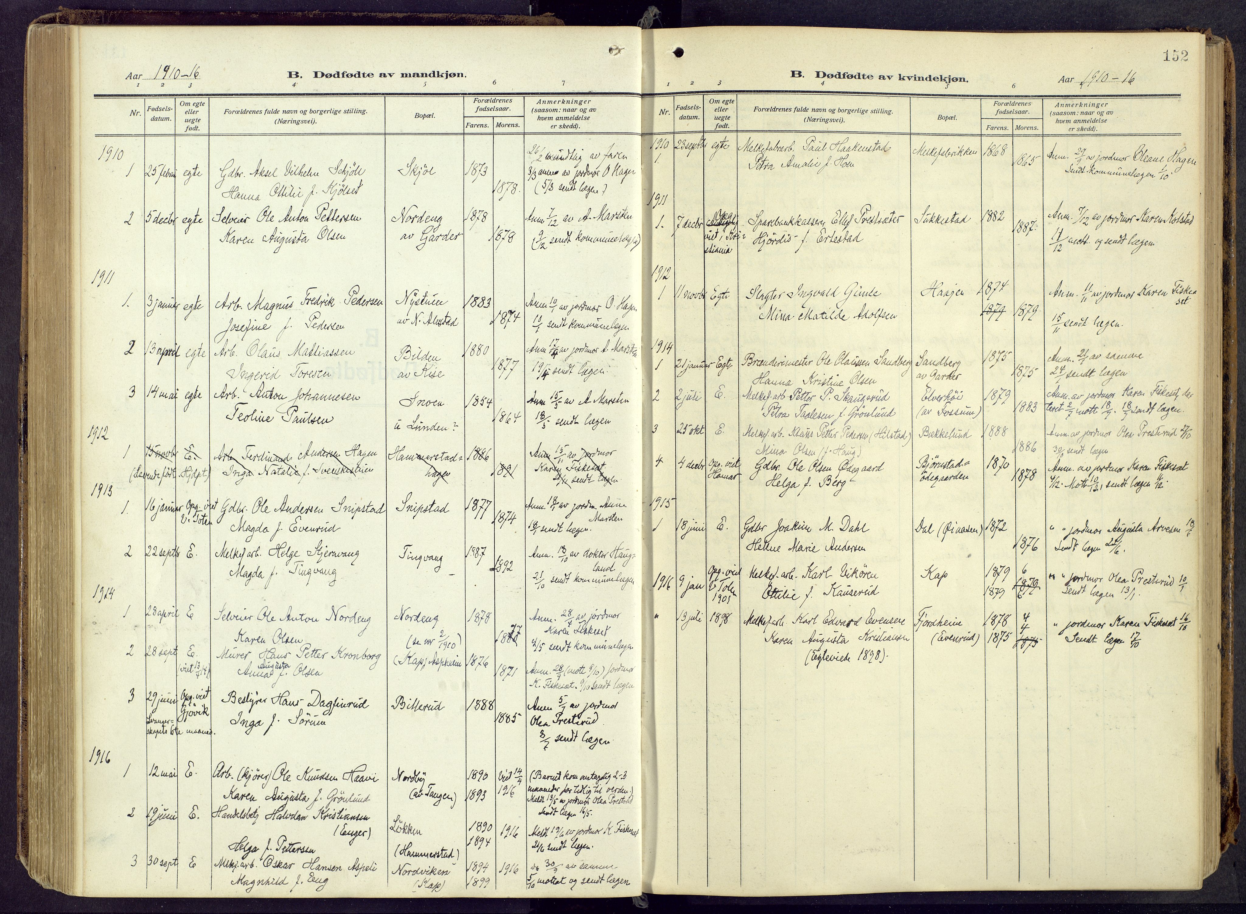 Østre Toten prestekontor, AV/SAH-PREST-104/H/Ha/Haa/L0010: Parish register (official) no. 10, 1910-1920, p. 152