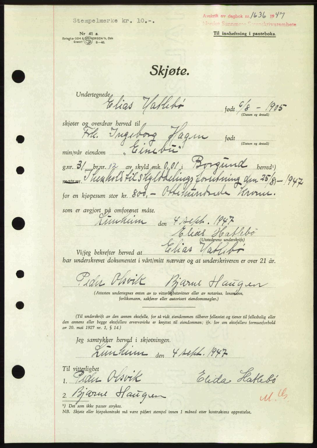 Nordre Sunnmøre sorenskriveri, AV/SAT-A-0006/1/2/2C/2Ca: Mortgage book no. A25, 1947-1947, Diary no: : 1636/1947