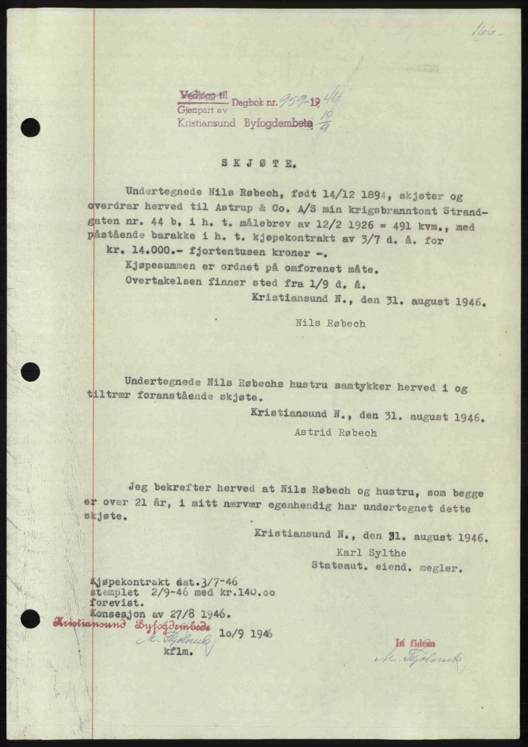 Kristiansund byfogd, AV/SAT-A-4587/A/27: Mortgage book no. 39b, 1946-1947, Diary no: : 959/1946