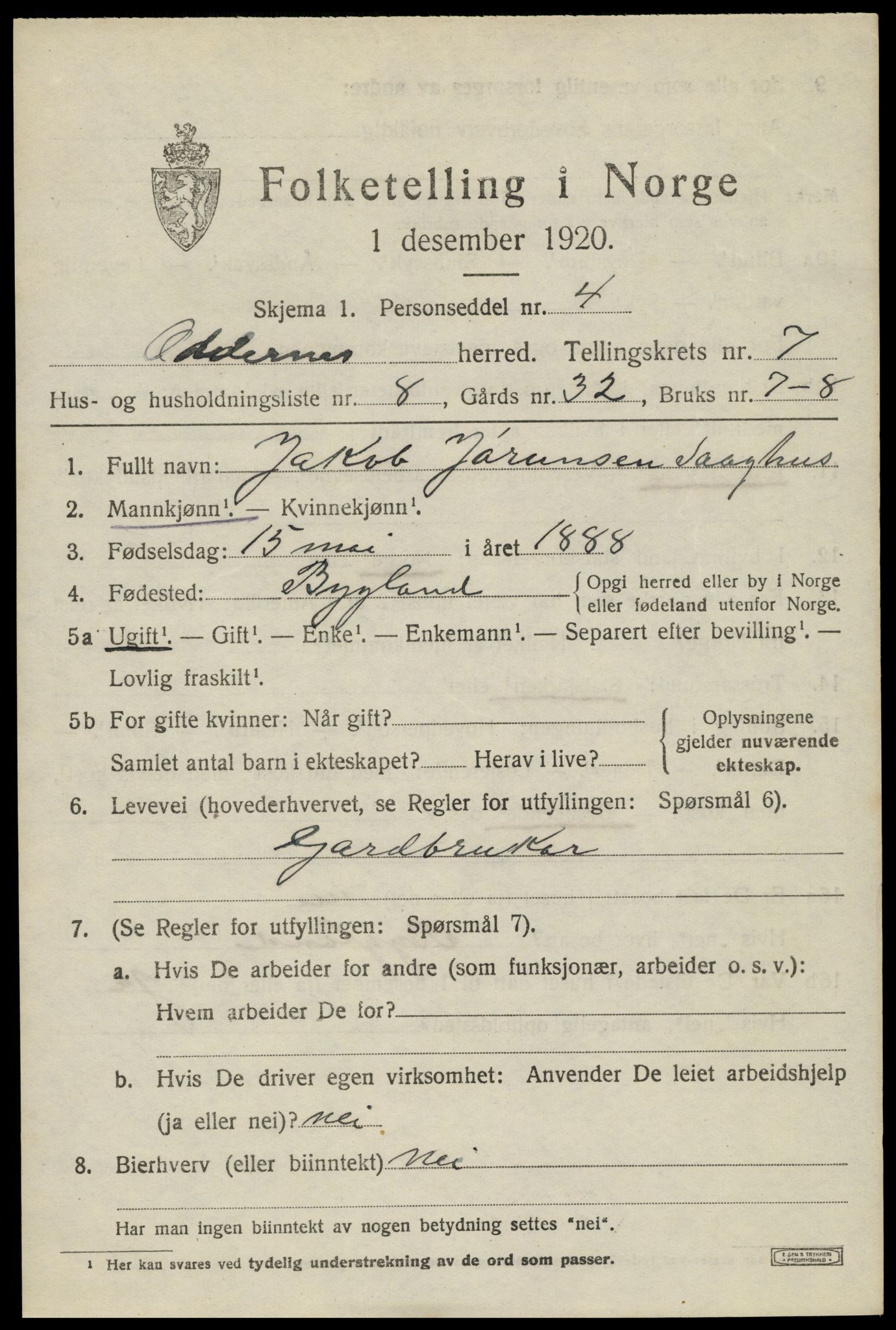 SAK, 1920 census for Oddernes, 1920, p. 5435
