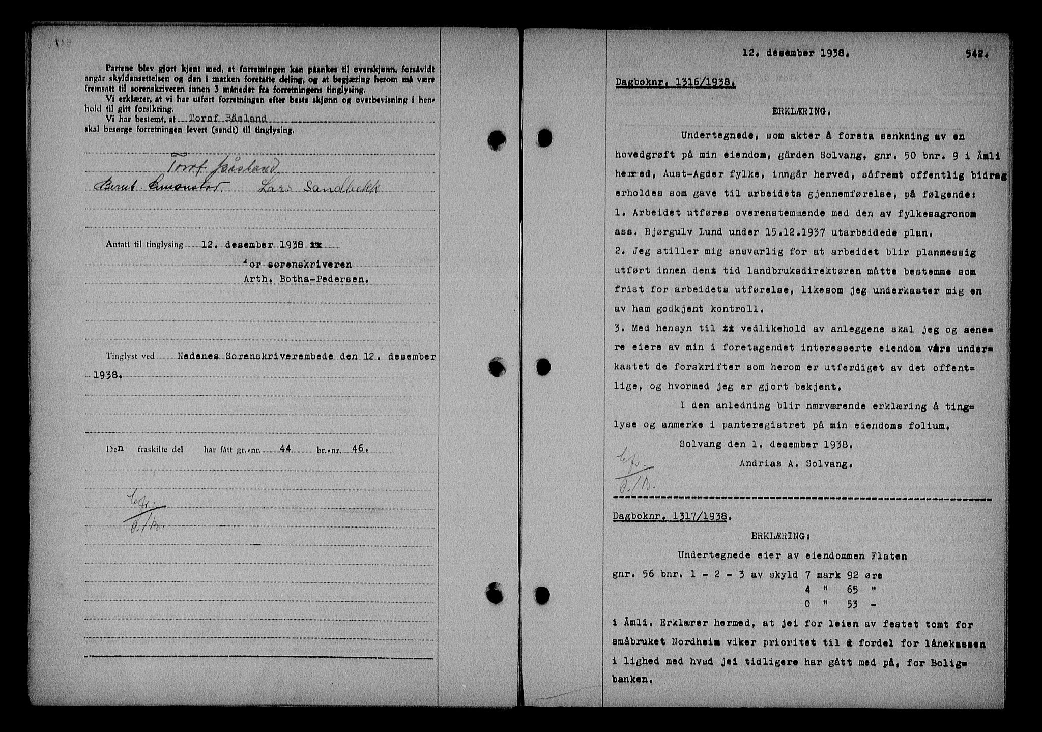 Nedenes sorenskriveri, AV/SAK-1221-0006/G/Gb/Gba/L0045: Mortgage book no. 41, 1938-1938, Diary no: : 1316/1938