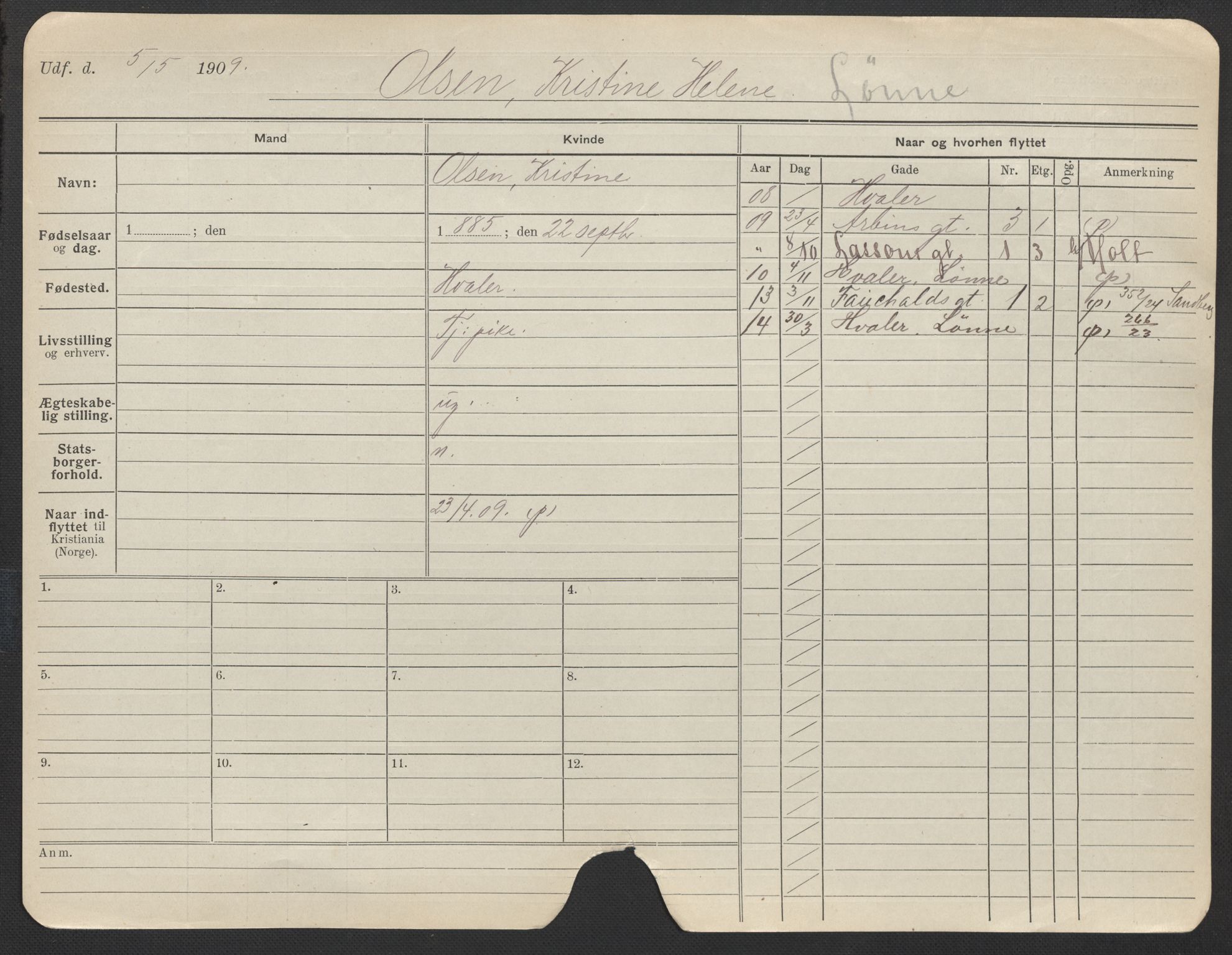 Oslo folkeregister, Registerkort, AV/SAO-A-11715/F/Fa/Fac/L0022: Kvinner, 1906-1914, p. 71a