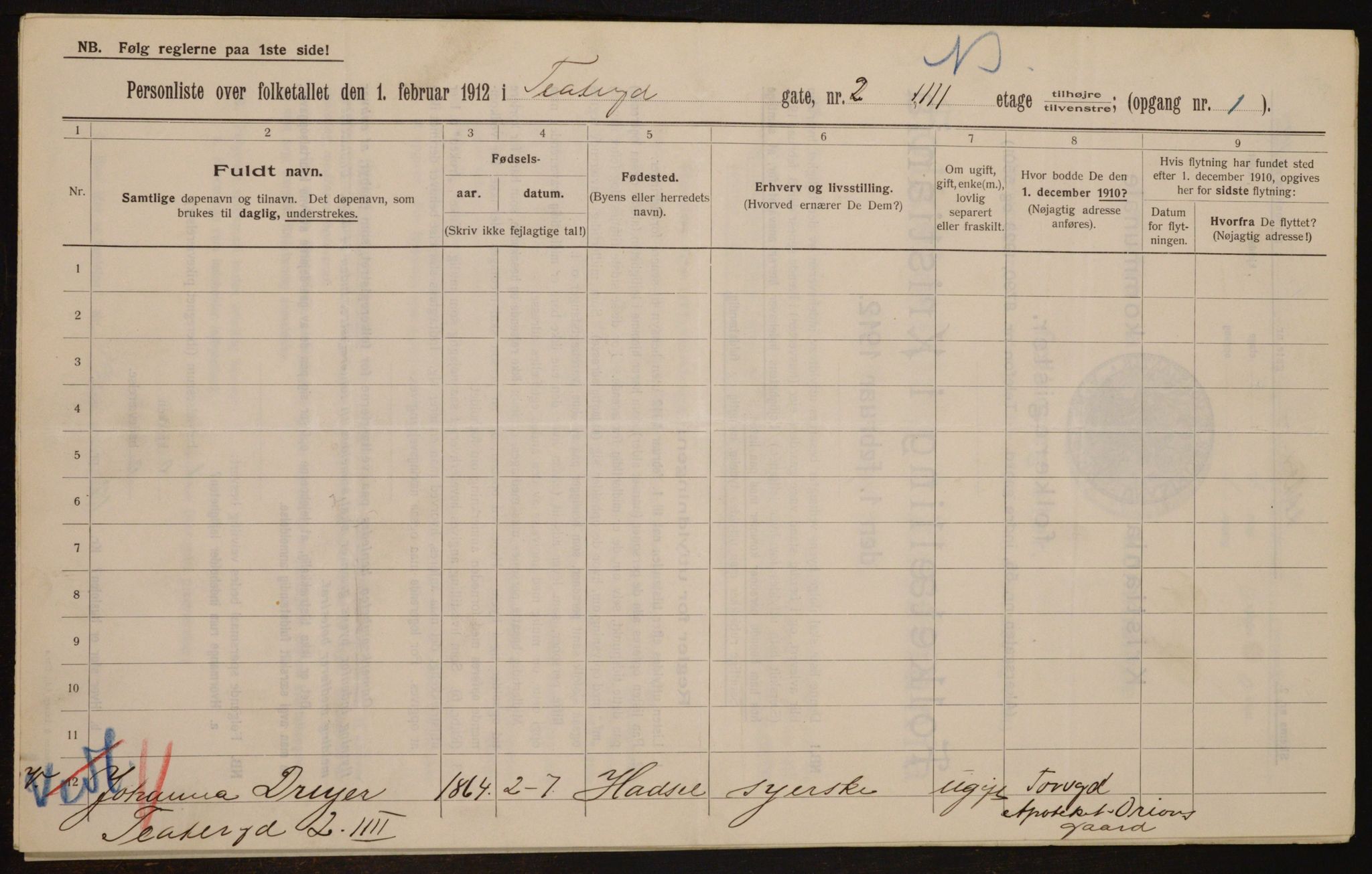 OBA, Municipal Census 1912 for Kristiania, 1912, p. 107118