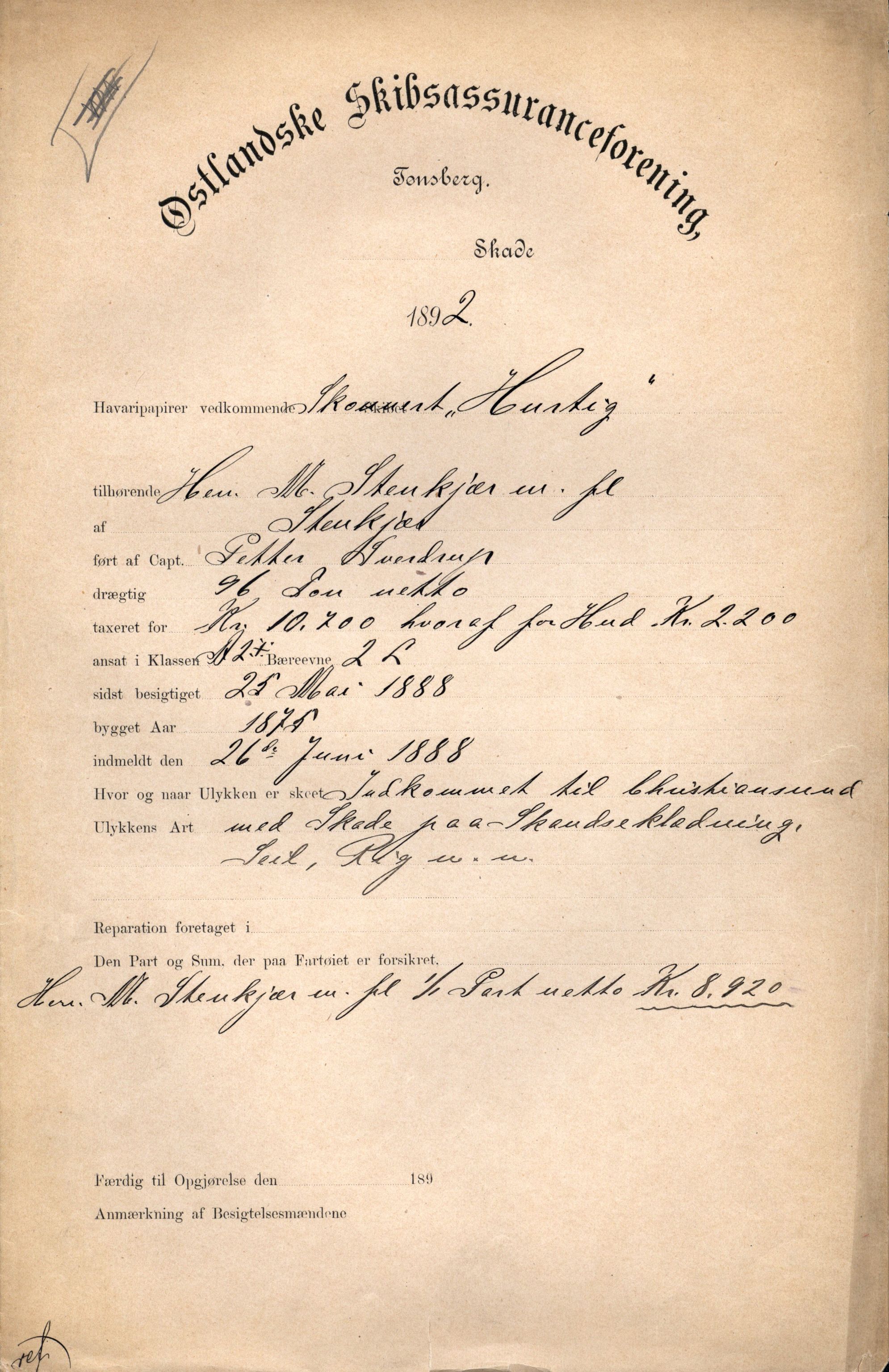 Pa 63 - Østlandske skibsassuranceforening, VEMU/A-1079/G/Ga/L0028/0004: Havaridokumenter / Hurtig, Helene, Hans Nielsen Hauge, Telefon, Zeppora, 1892, p. 1