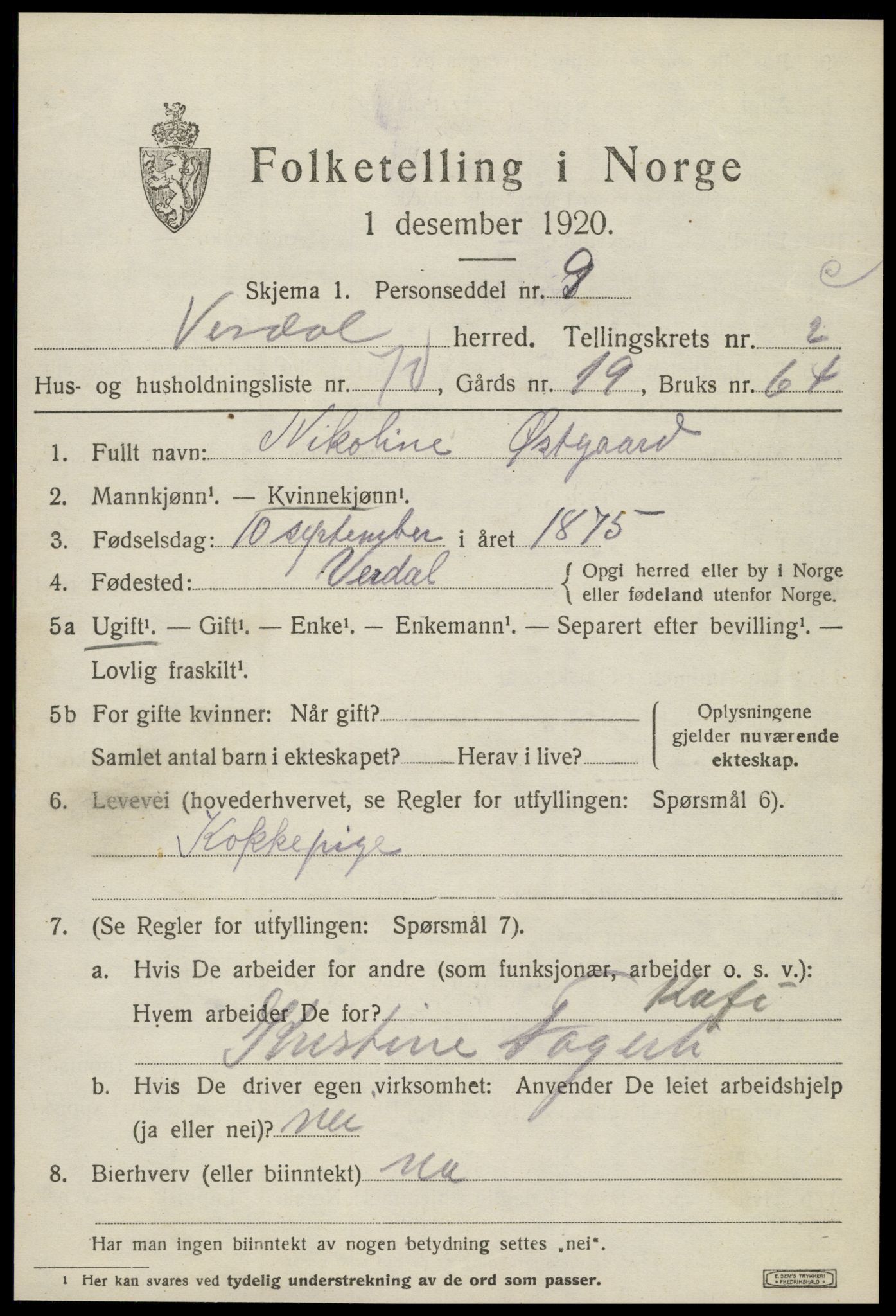 SAT, 1920 census for Verdal, 1920, p. 6389