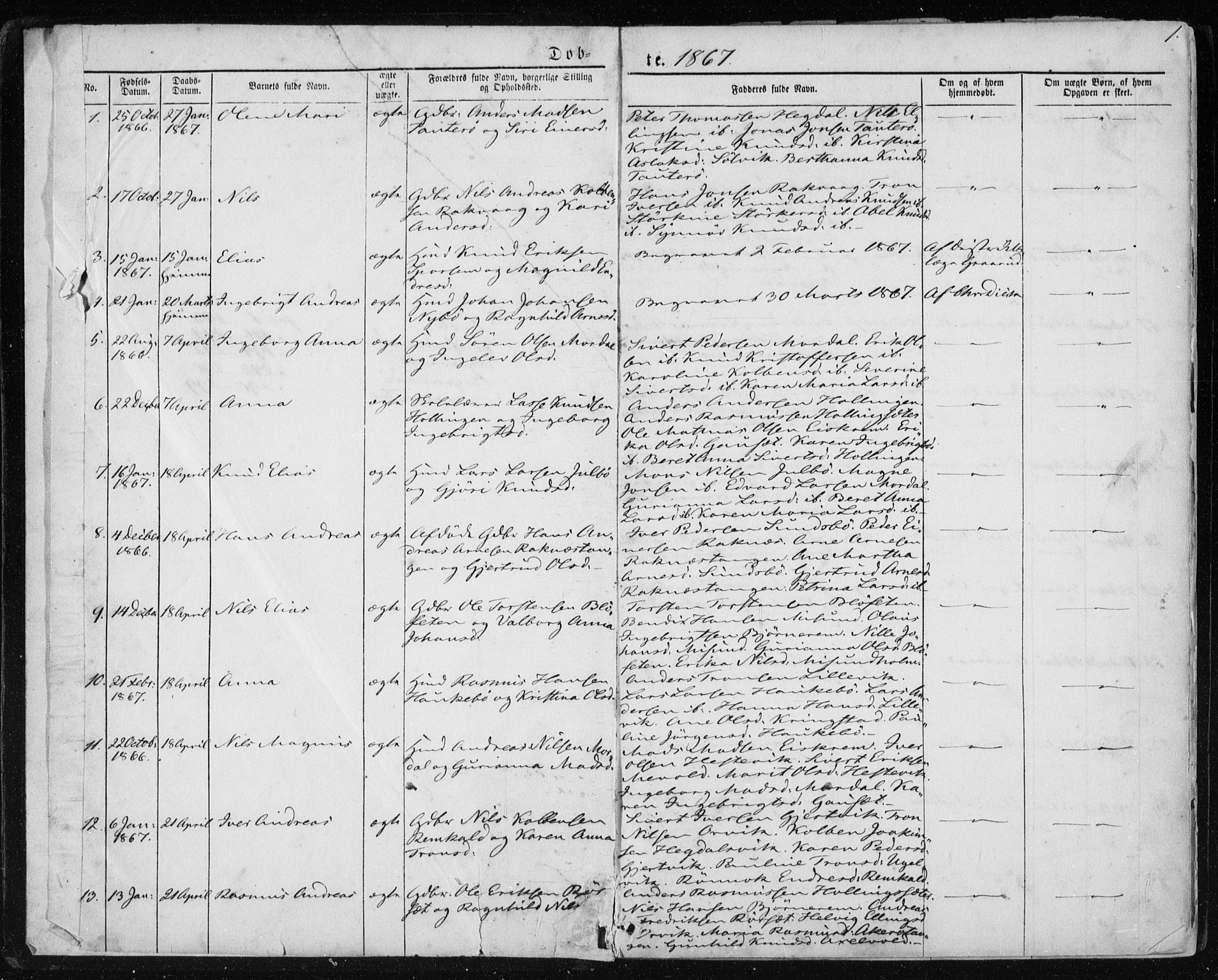 Ministerialprotokoller, klokkerbøker og fødselsregistre - Møre og Romsdal, AV/SAT-A-1454/560/L0724: Parish register (copy) no. 560C01, 1867-1892, p. 1