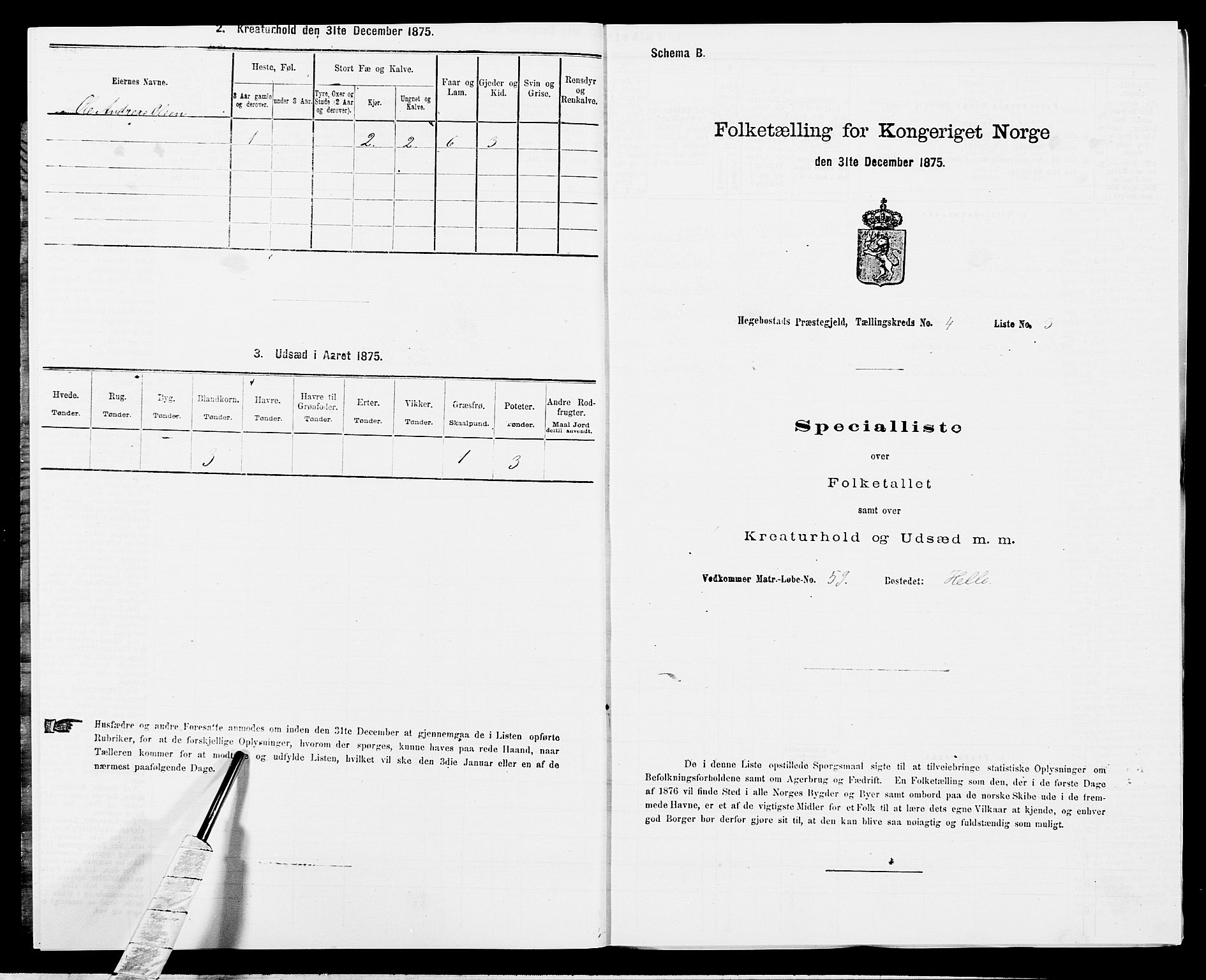 SAK, 1875 census for 1034P Hægebostad, 1875, p. 351