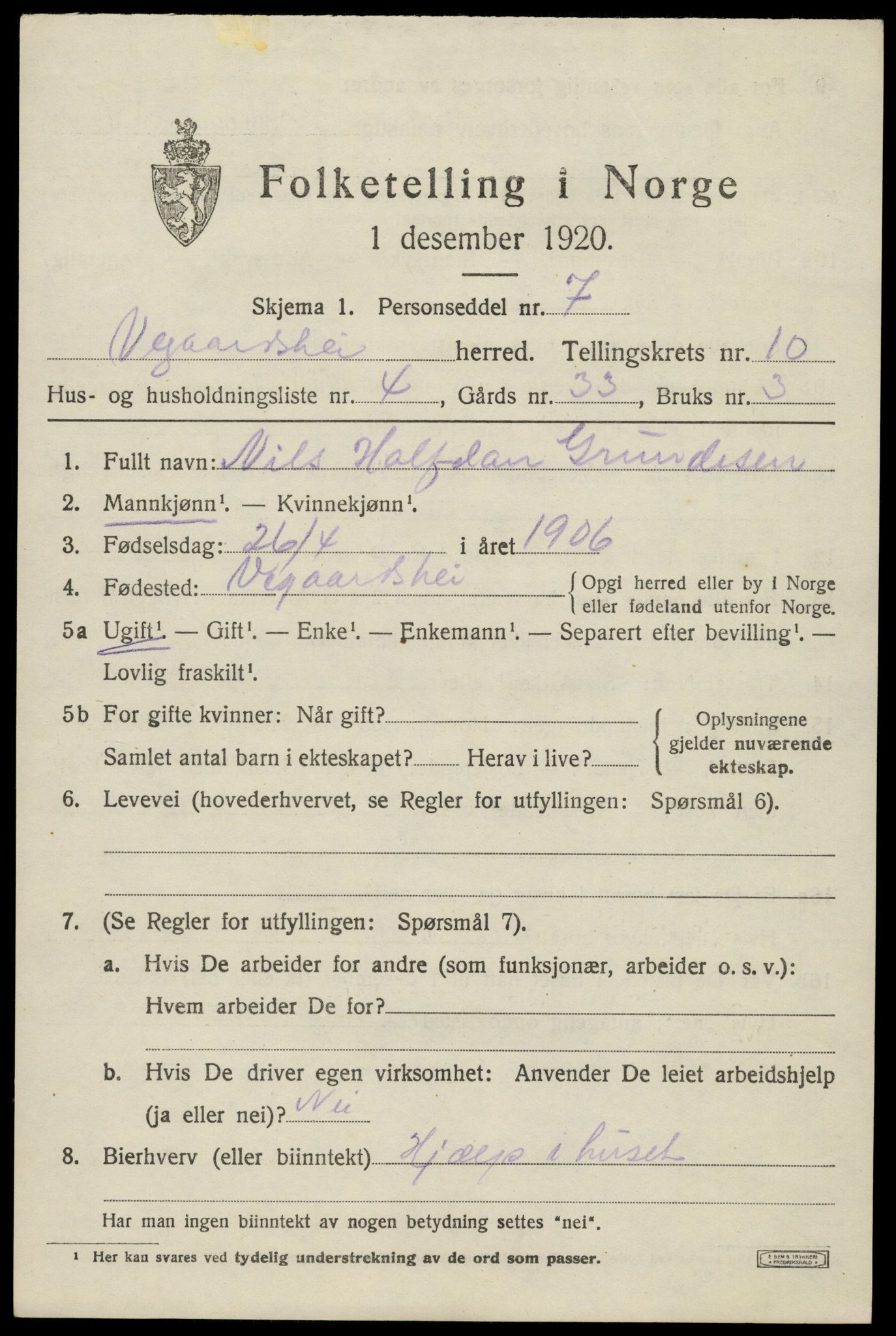 SAK, 1920 census for Vegårshei, 1920, p. 3336