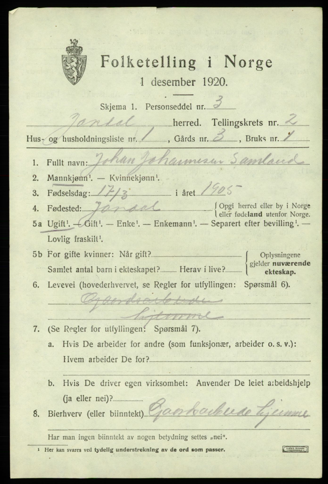 SAB, 1920 census for Jondal, 1920, p. 960