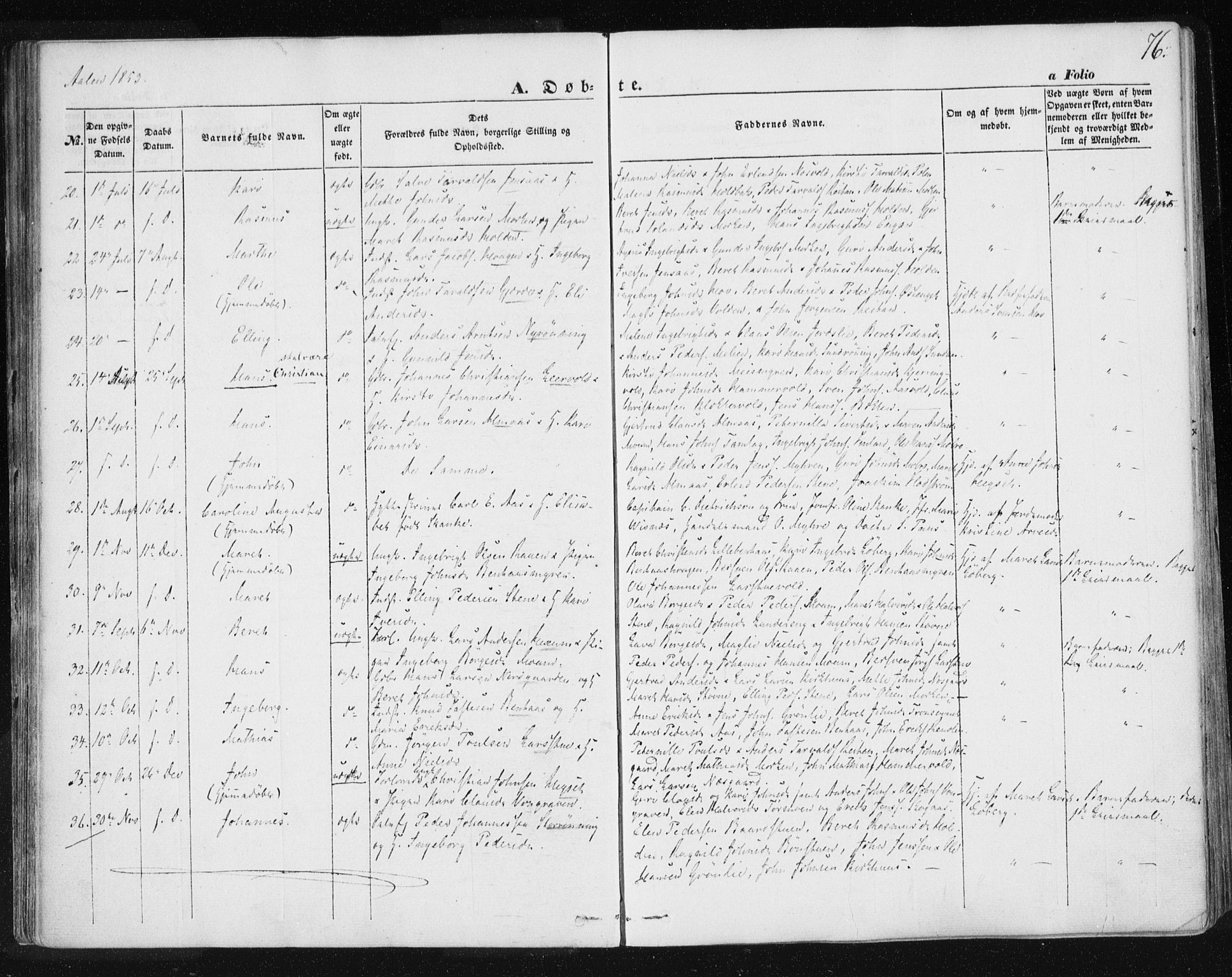 Ministerialprotokoller, klokkerbøker og fødselsregistre - Sør-Trøndelag, AV/SAT-A-1456/685/L0965: Parish register (official) no. 685A06 /3, 1846-1859, p. 76