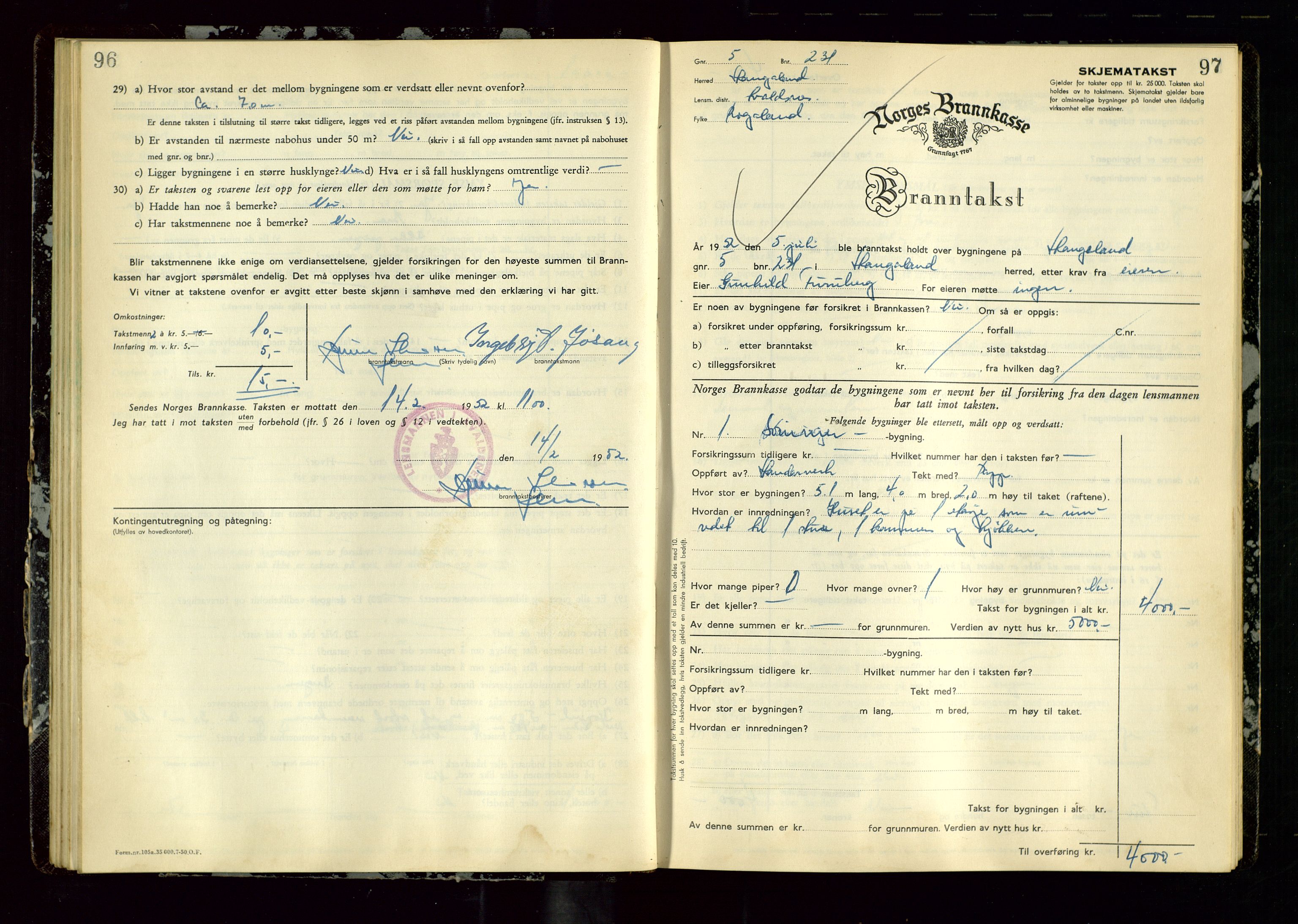 Avaldsnes lensmannskontor, AV/SAST-A-100286/Gob/L0003: "Branntakstprotokoll for Avaldsnes lensmannsdistrikt ", 1950-1952, p. 96-97