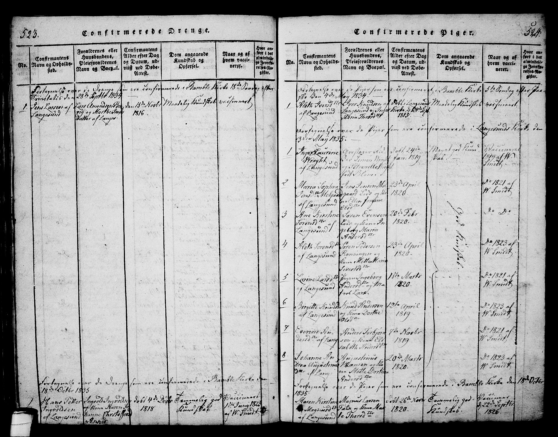 Langesund kirkebøker, AV/SAKO-A-280/G/Ga/L0003: Parish register (copy) no. 3, 1815-1858, p. 523-524