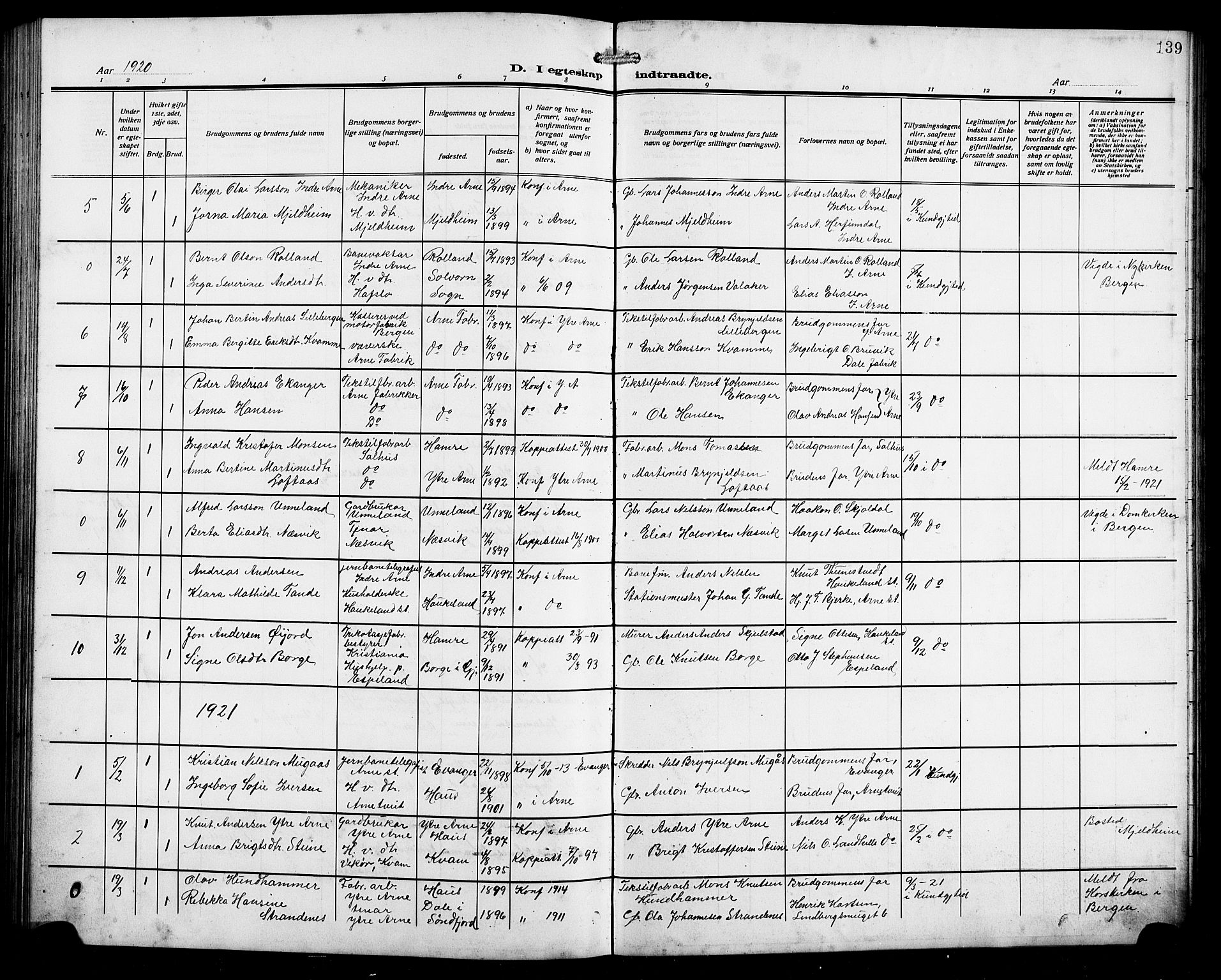 Arna Sokneprestembete, AV/SAB-A-74001/H/Ha/Hab: Parish register (copy) no. A 5, 1911-1921, p. 139