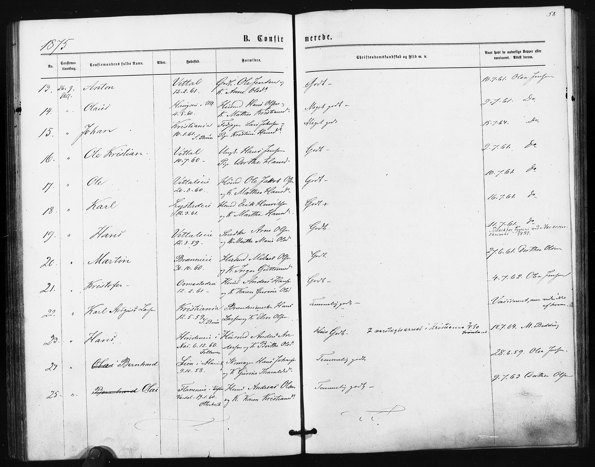 Ullensaker prestekontor Kirkebøker, AV/SAO-A-10236a/F/Fa/L0017: Parish register (official) no. I 17, 1871-1875, p. 58