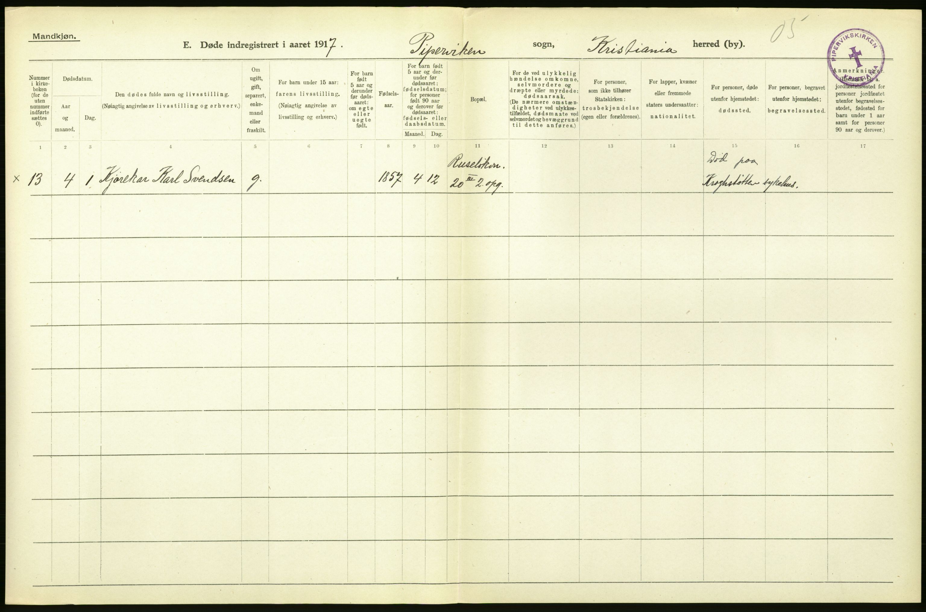 Statistisk sentralbyrå, Sosiodemografiske emner, Befolkning, AV/RA-S-2228/D/Df/Dfb/Dfbg/L0011: Kristiania: Døde, dødfødte., 1917, p. 6