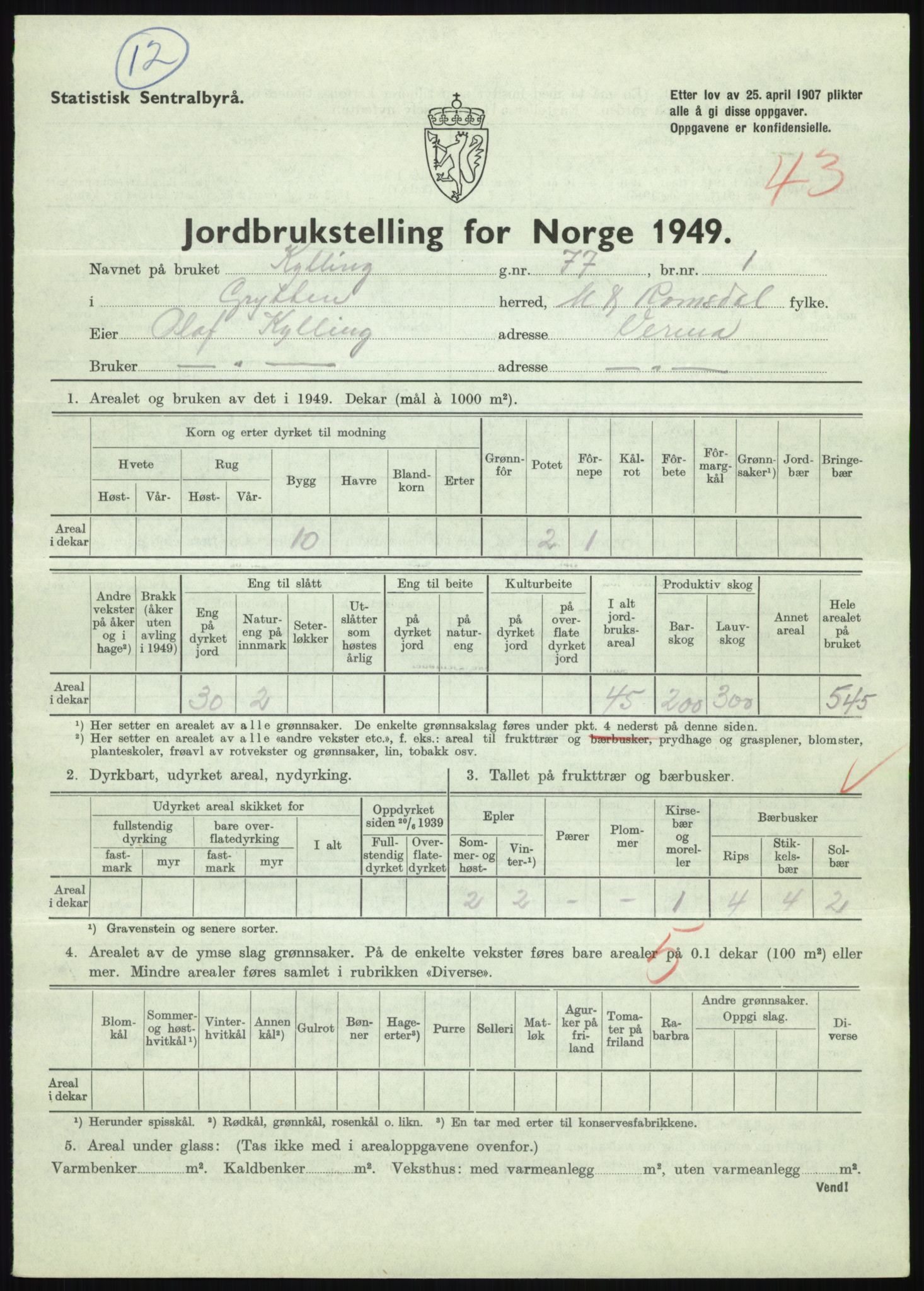 Statistisk sentralbyrå, Næringsøkonomiske emner, Jordbruk, skogbruk, jakt, fiske og fangst, AV/RA-S-2234/G/Gc/L0323: Møre og Romsdal: Grytten og Hen, 1949, p. 235