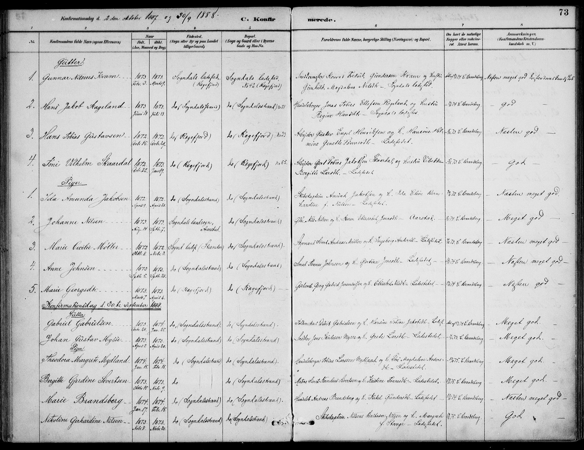 Sokndal sokneprestkontor, AV/SAST-A-101808: Parish register (official) no. A 12, 1887-1927, p. 73