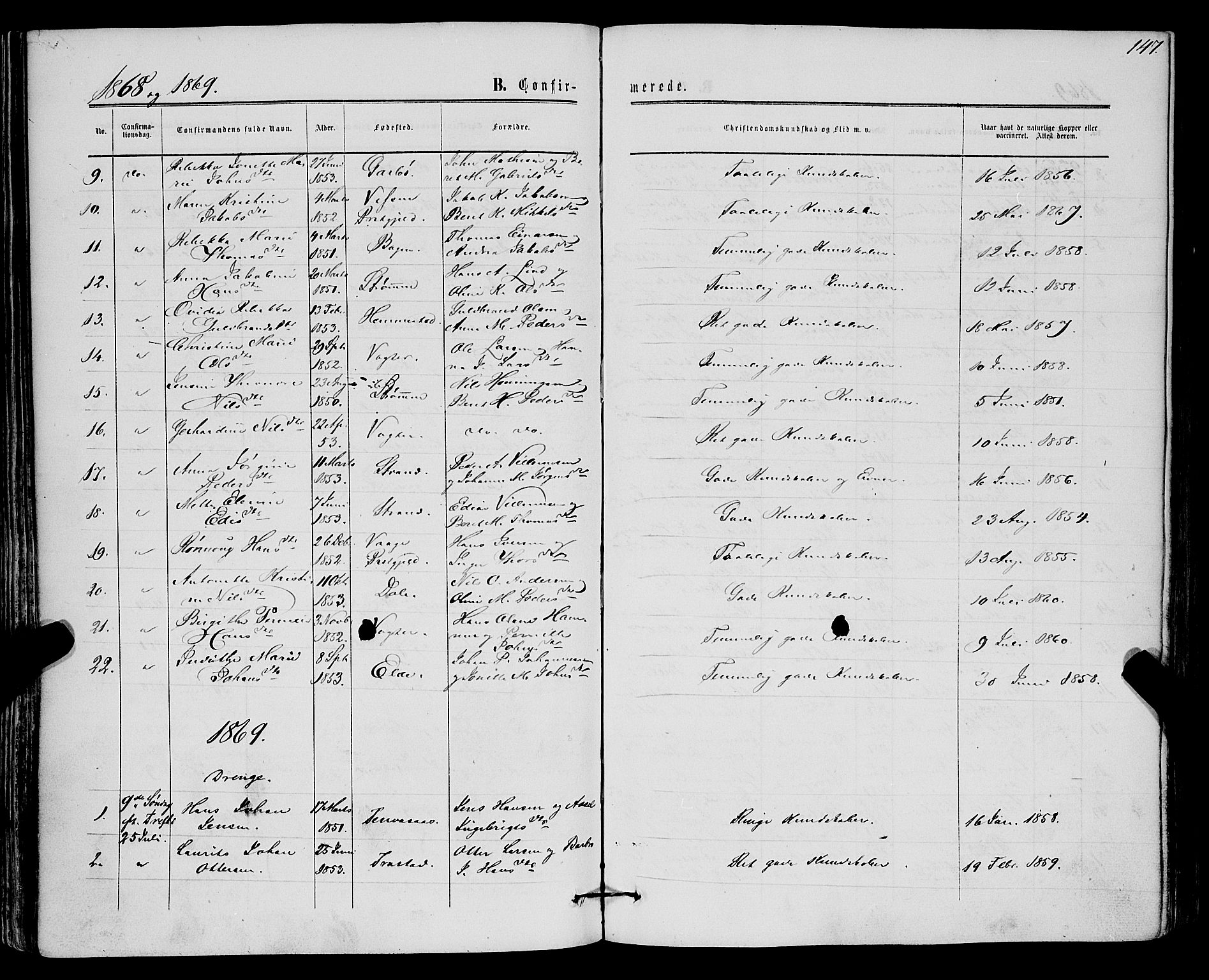 Kvæfjord sokneprestkontor, SATØ/S-1323/G/Ga/Gaa/L0004kirke: Parish register (official) no. 4, 1857-1877, p. 147