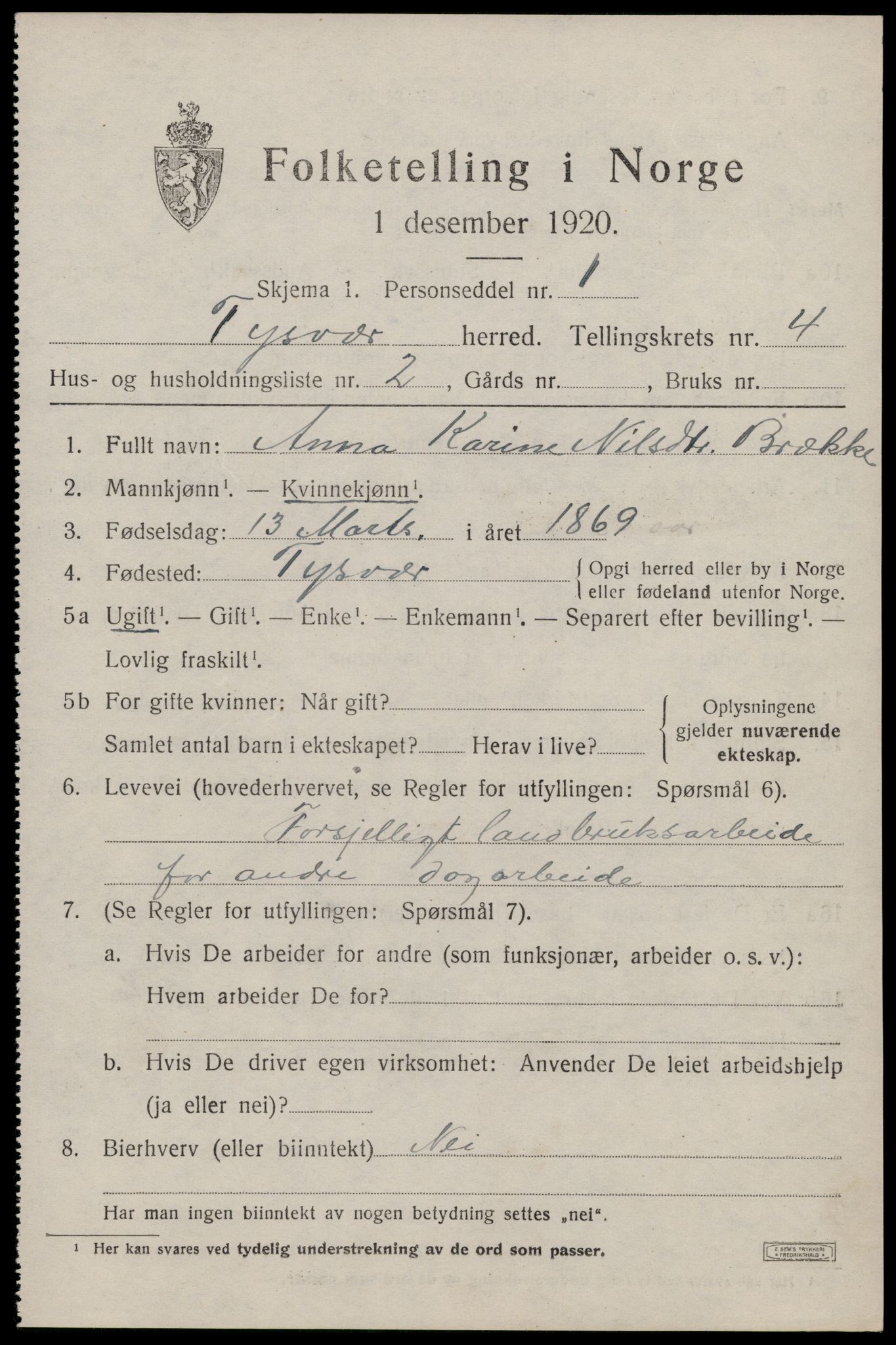 SAST, 1920 census for Tysvær, 1920, p. 1690