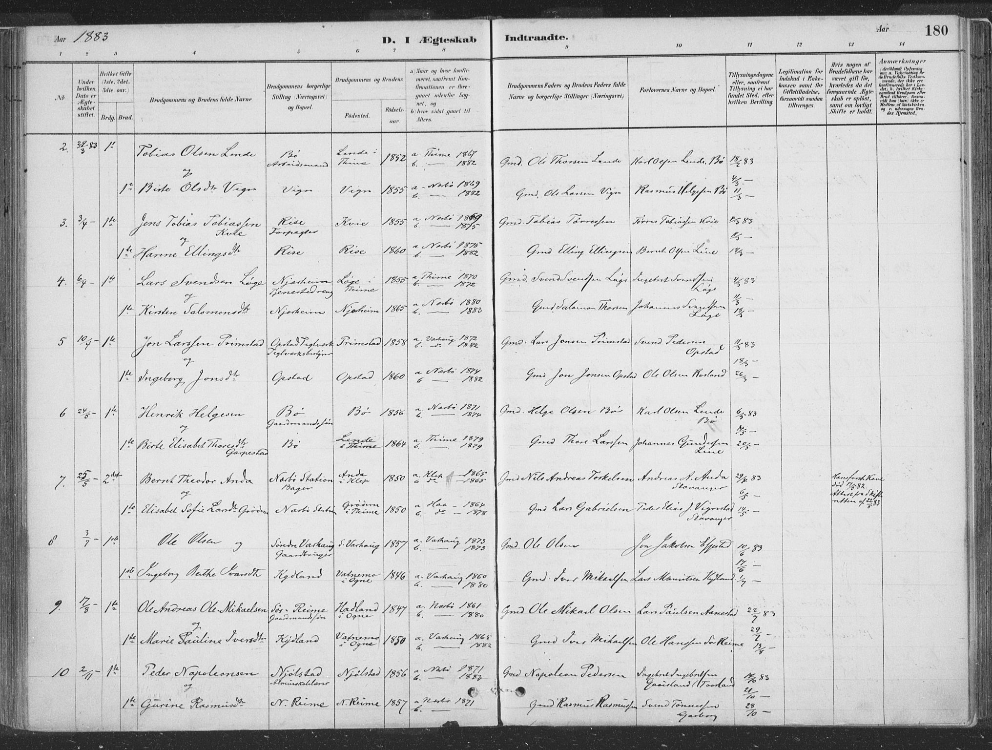 Hå sokneprestkontor, AV/SAST-A-101801/001/30BA/L0010: Parish register (official) no. A 9, 1879-1896, p. 180