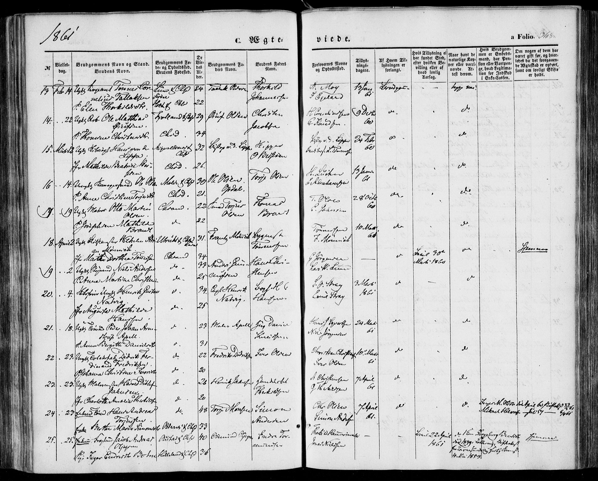 Kristiansand domprosti, SAK/1112-0006/F/Fa/L0014: Parish register (official) no. A 14, 1852-1867, p. 368