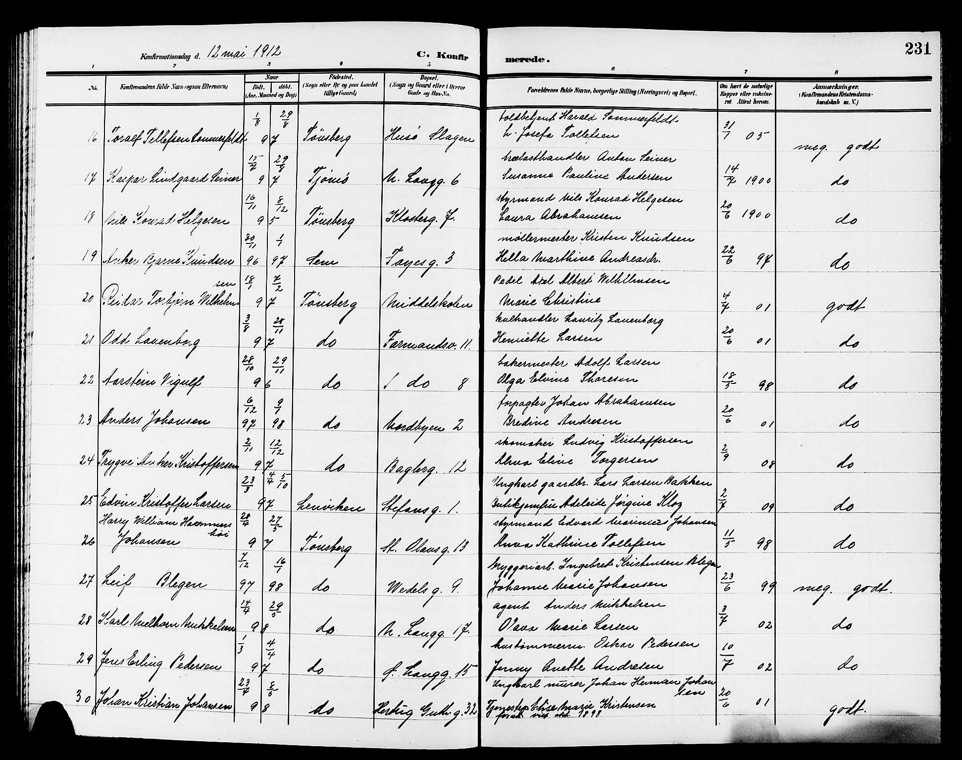 Tønsberg kirkebøker, AV/SAKO-A-330/G/Ga/L0008: Parish register (copy) no. 8, 1905-1912, p. 231