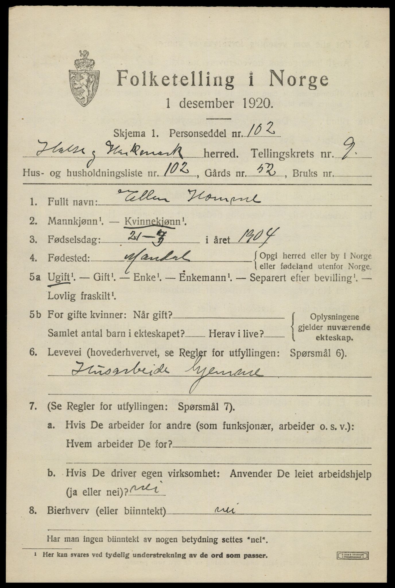 SAK, 1920 census for Halse og Harkmark, 1920, p. 5597