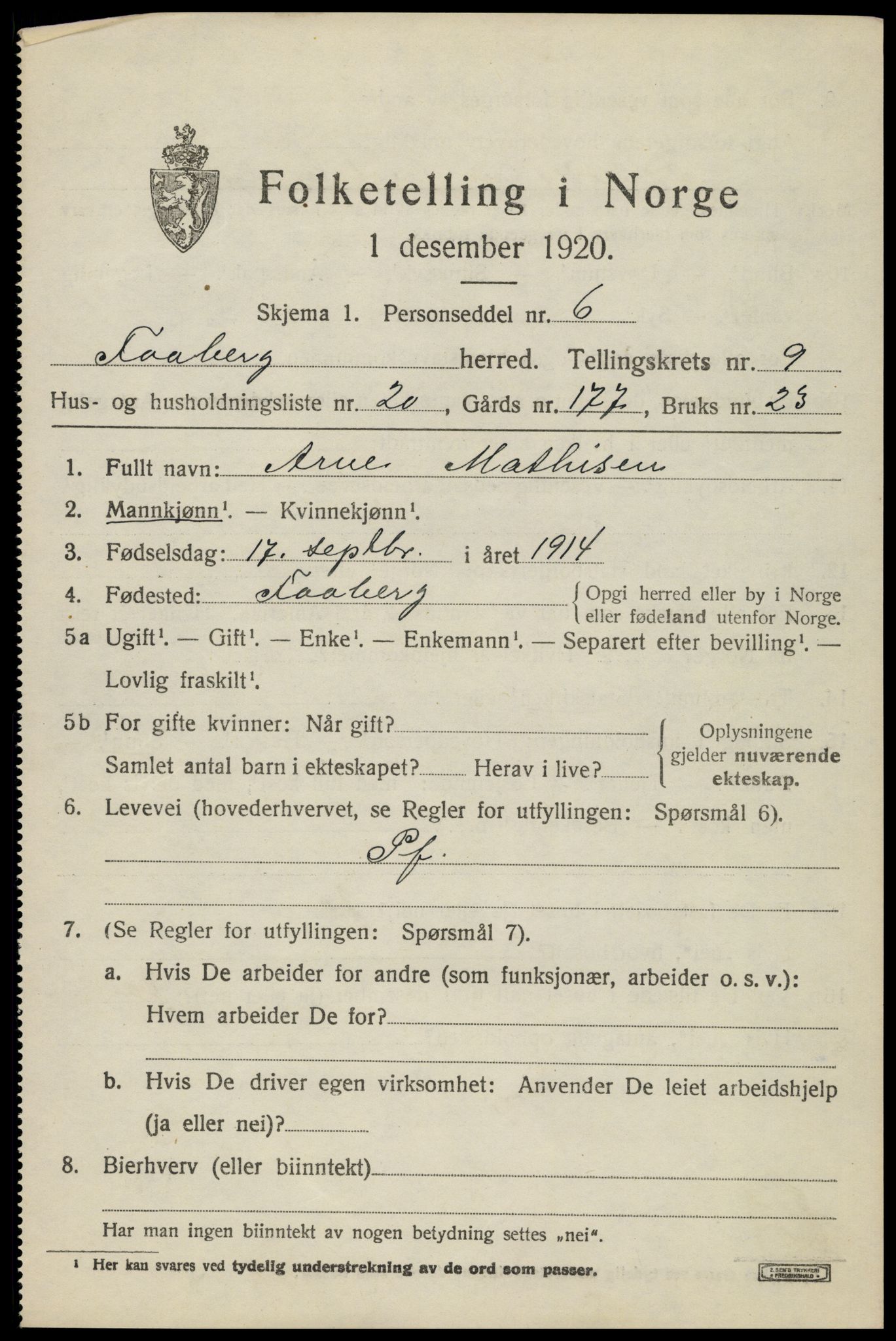 SAH, 1920 census for Fåberg, 1920, p. 10268