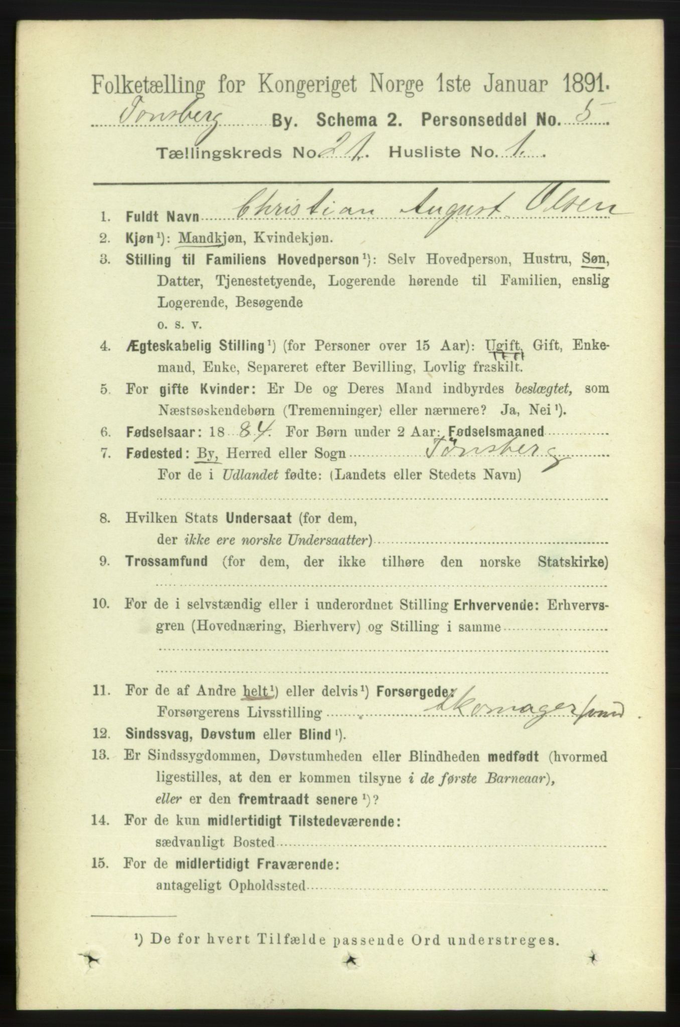 RA, 1891 census for 0705 Tønsberg, 1891, p. 5579