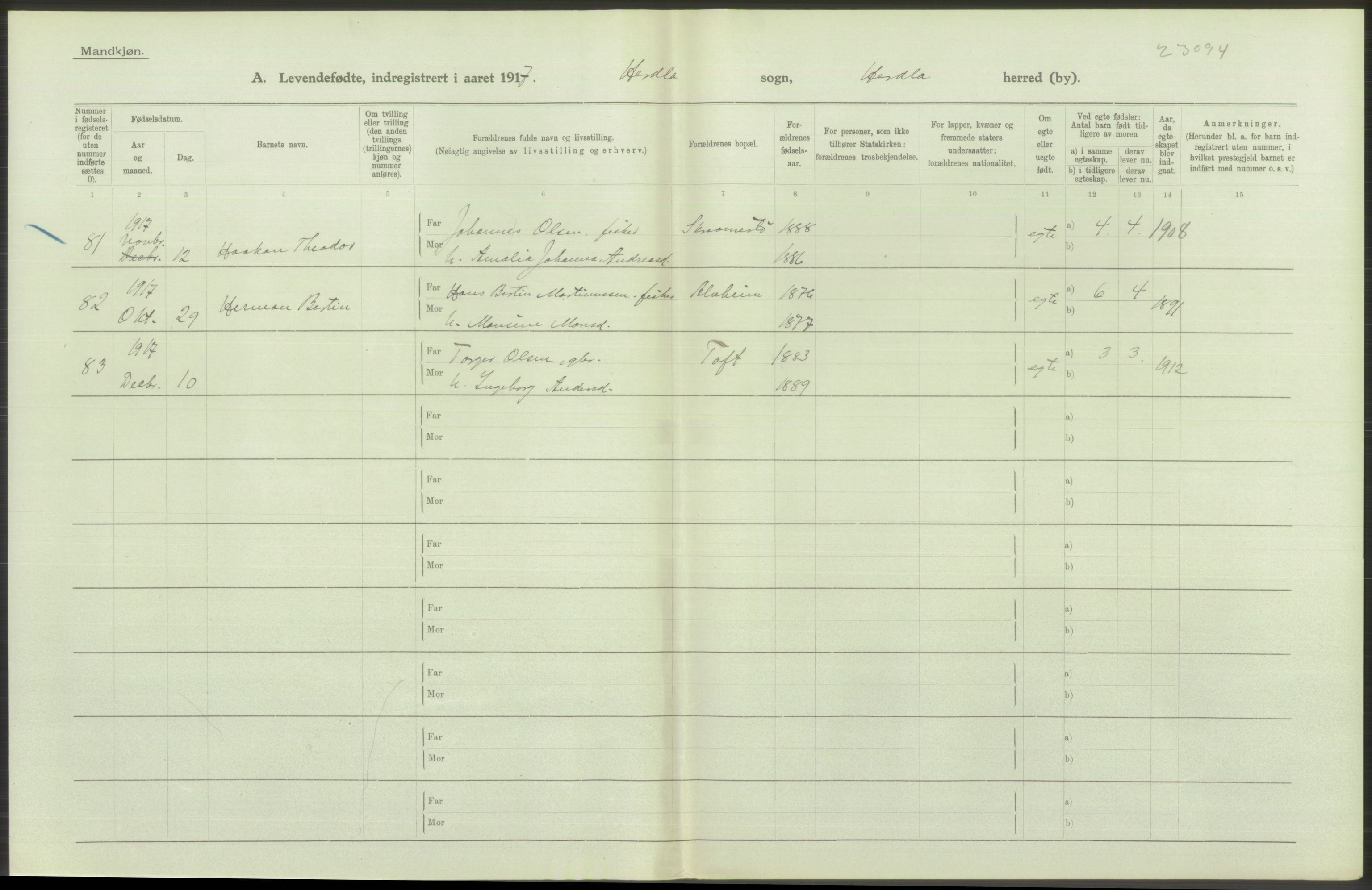 Statistisk sentralbyrå, Sosiodemografiske emner, Befolkning, AV/RA-S-2228/D/Df/Dfb/Dfbg/L0034: S. Bergenhus amt: Levendefødte menn og kvinner. Bygder., 1917, p. 126