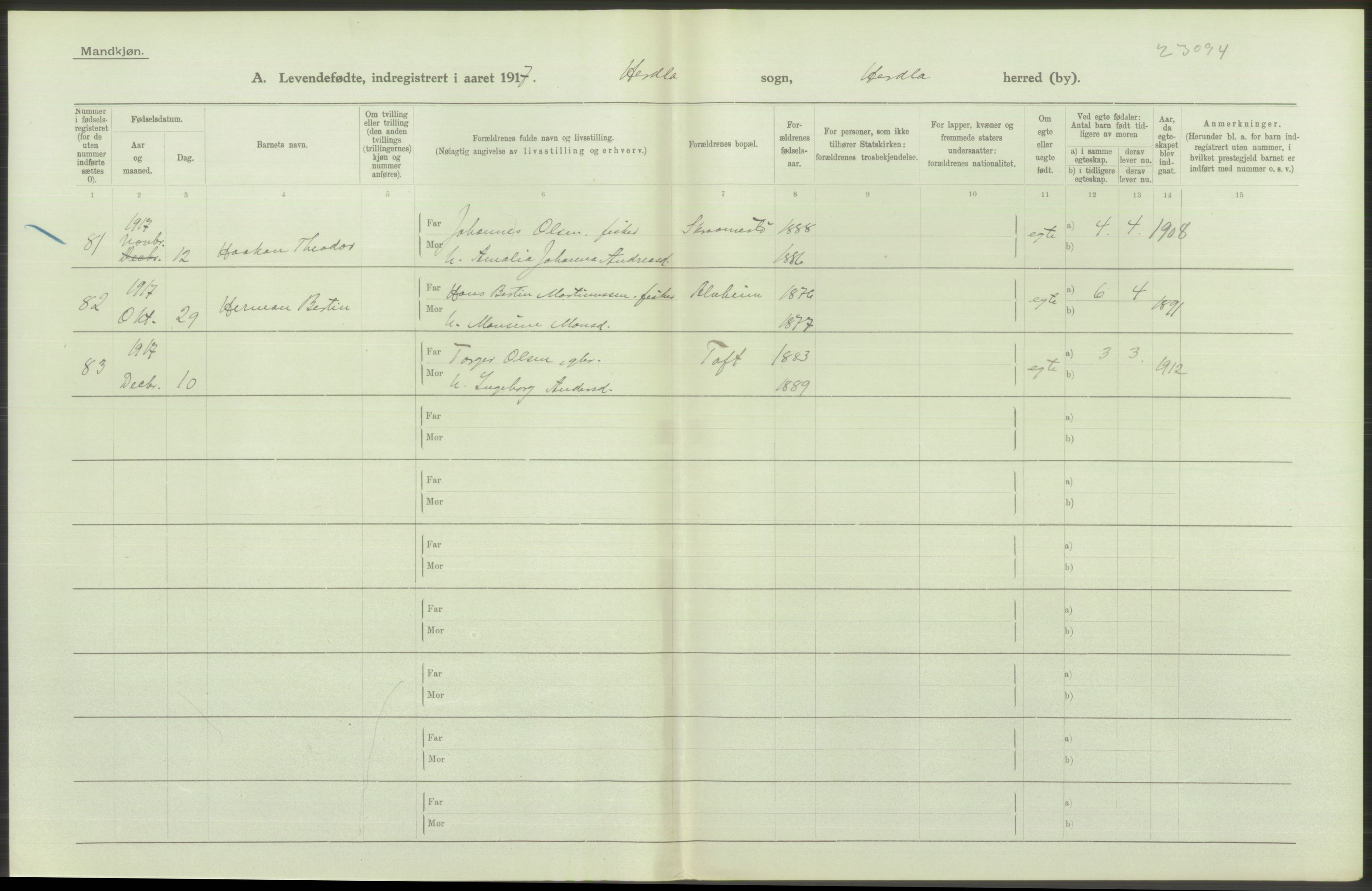 Statistisk sentralbyrå, Sosiodemografiske emner, Befolkning, RA/S-2228/D/Df/Dfb/Dfbg/L0034: S. Bergenhus amt: Levendefødte menn og kvinner. Bygder., 1917, p. 126