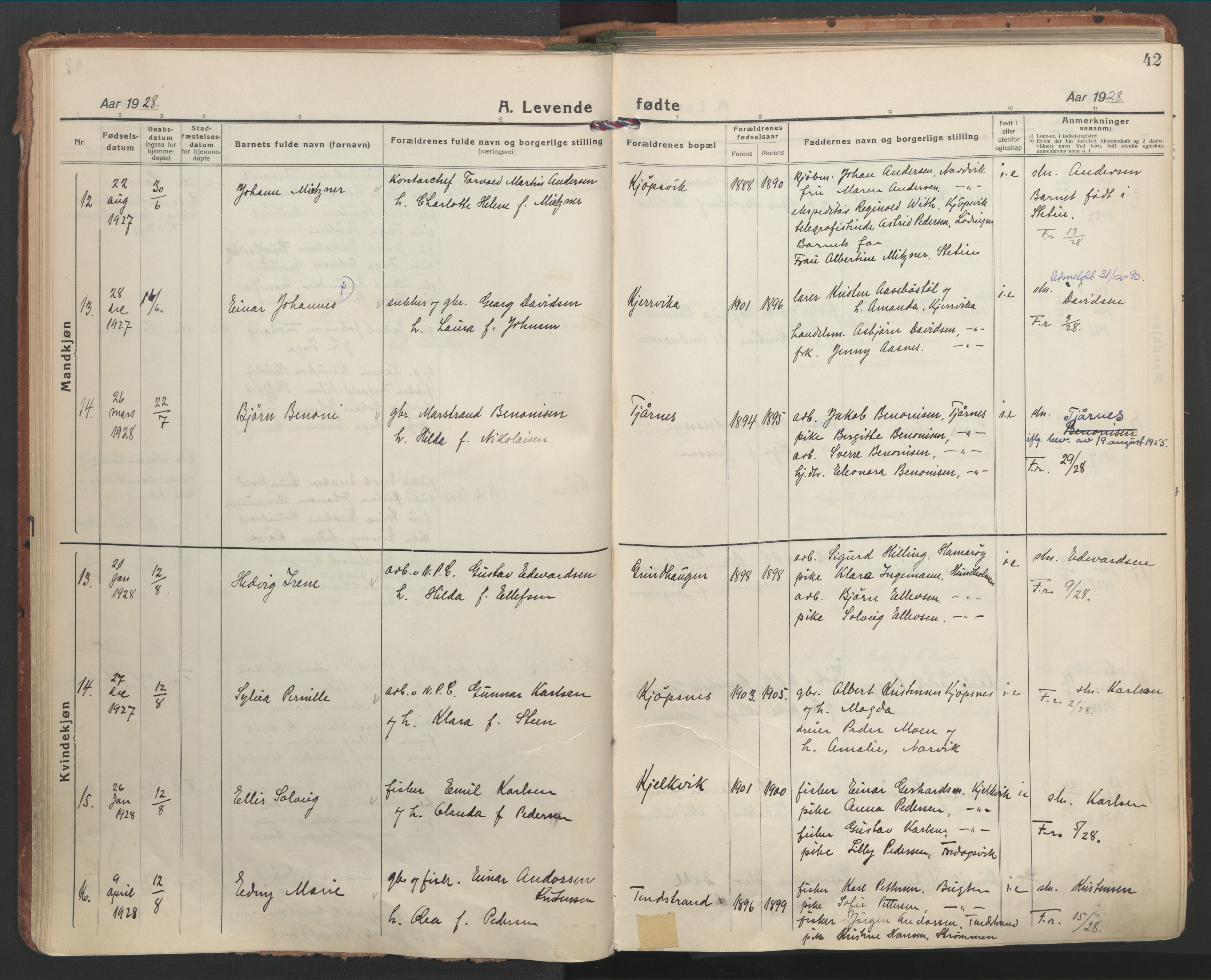 Ministerialprotokoller, klokkerbøker og fødselsregistre - Nordland, AV/SAT-A-1459/861/L0873: Parish register (official) no. 861A08, 1923-1932, p. 42