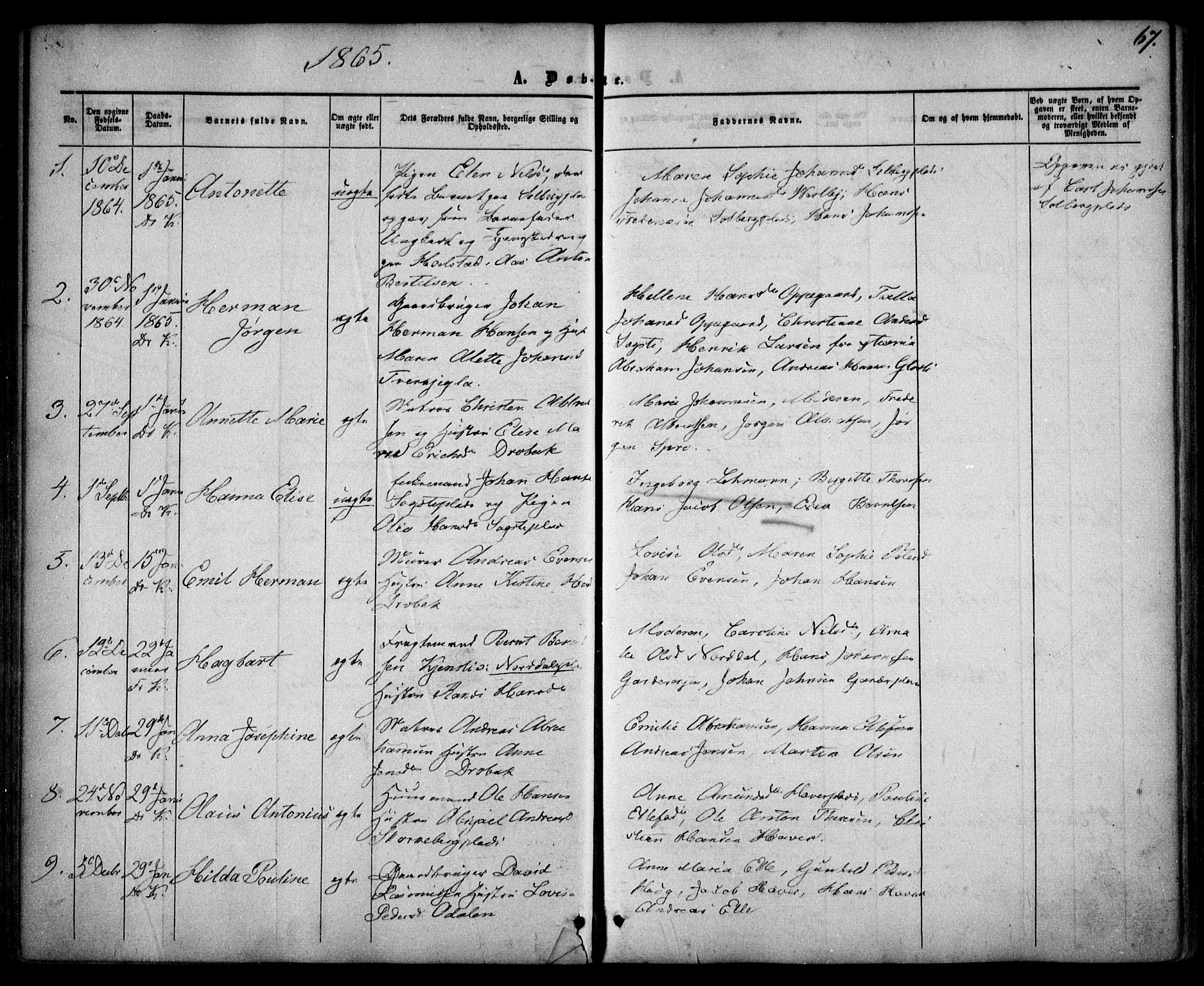 Drøbak prestekontor Kirkebøker, SAO/A-10142a/F/Fa/L0002: Parish register (official) no. I 2, 1858-1870, p. 67