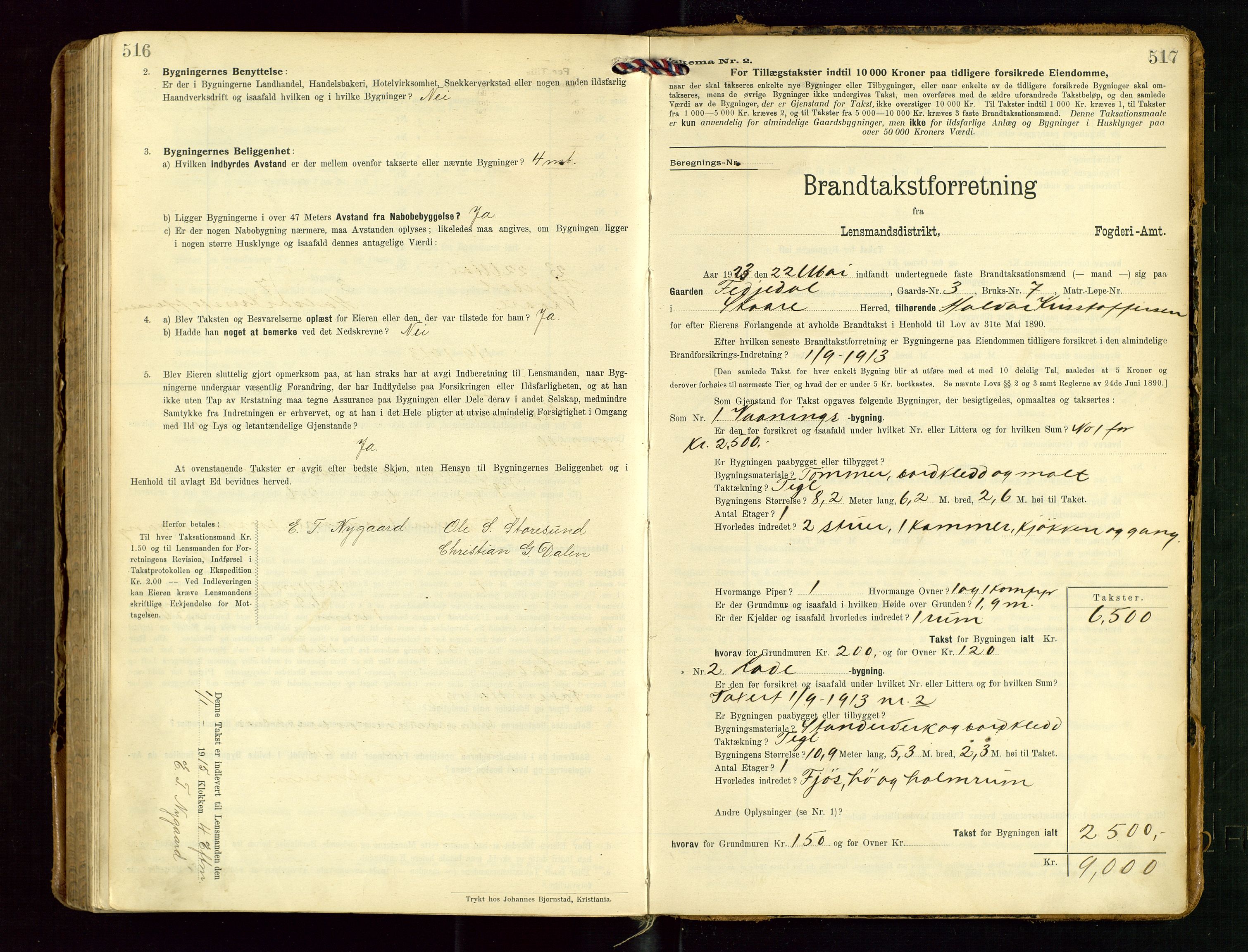 Torvestad lensmannskontor, SAST/A-100307/1/Gob/L0004: "Brandtaxationsprotokol for Torvestad Lensmannsdistrikt", 1909-1923, p. 516-517