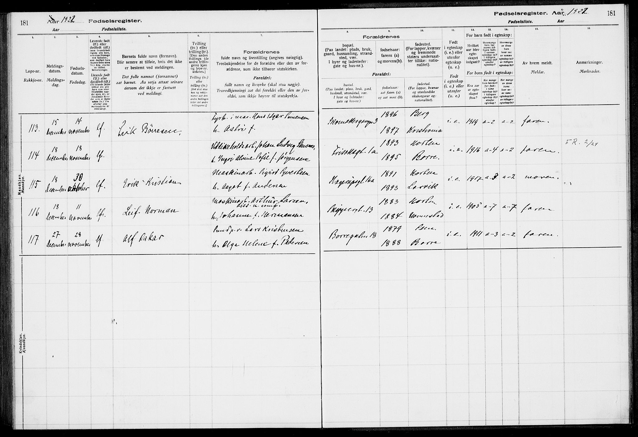 Horten kirkebøker, AV/SAKO-A-348/J/Ja/L0001: Birth register no. 1, 1916-1923, p. 181