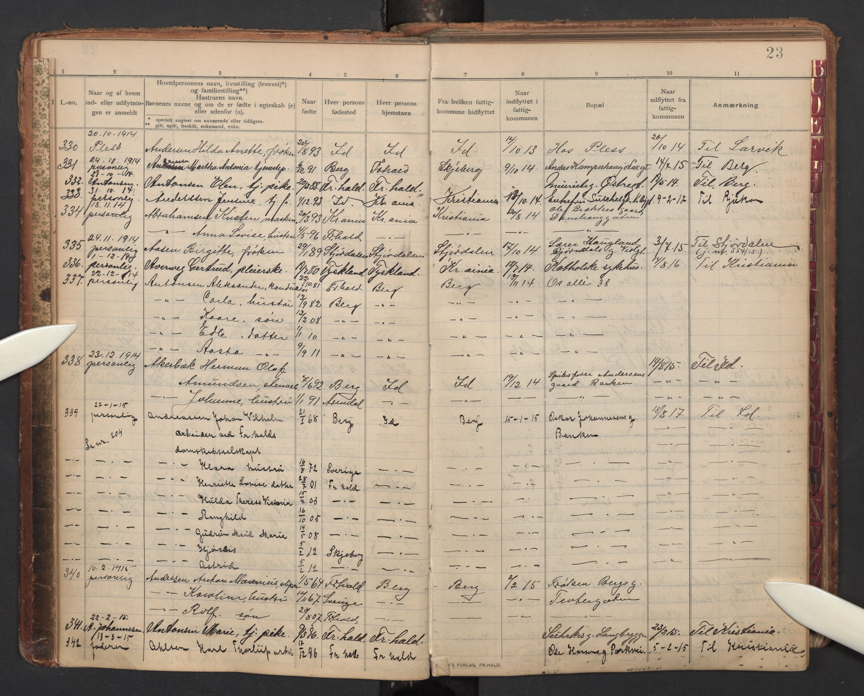 Halden politidistrikt, AV/SAO-A-10295/H/Ha/Hae/L0002: Flytteprotokoll, 1908-1915, p. 23