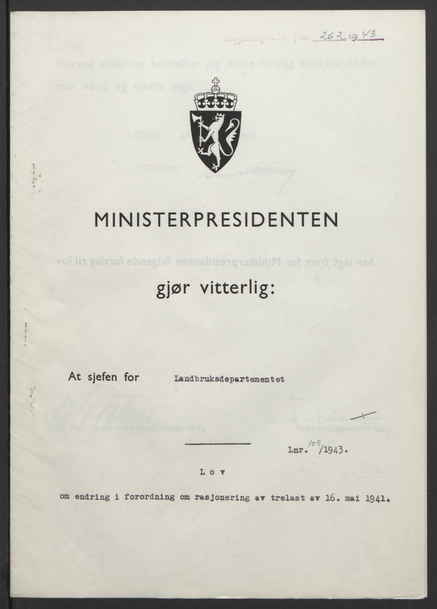 NS-administrasjonen 1940-1945 (Statsrådsekretariatet, de kommisariske statsråder mm), RA/S-4279/D/Db/L0099: Lover, 1943, p. 509