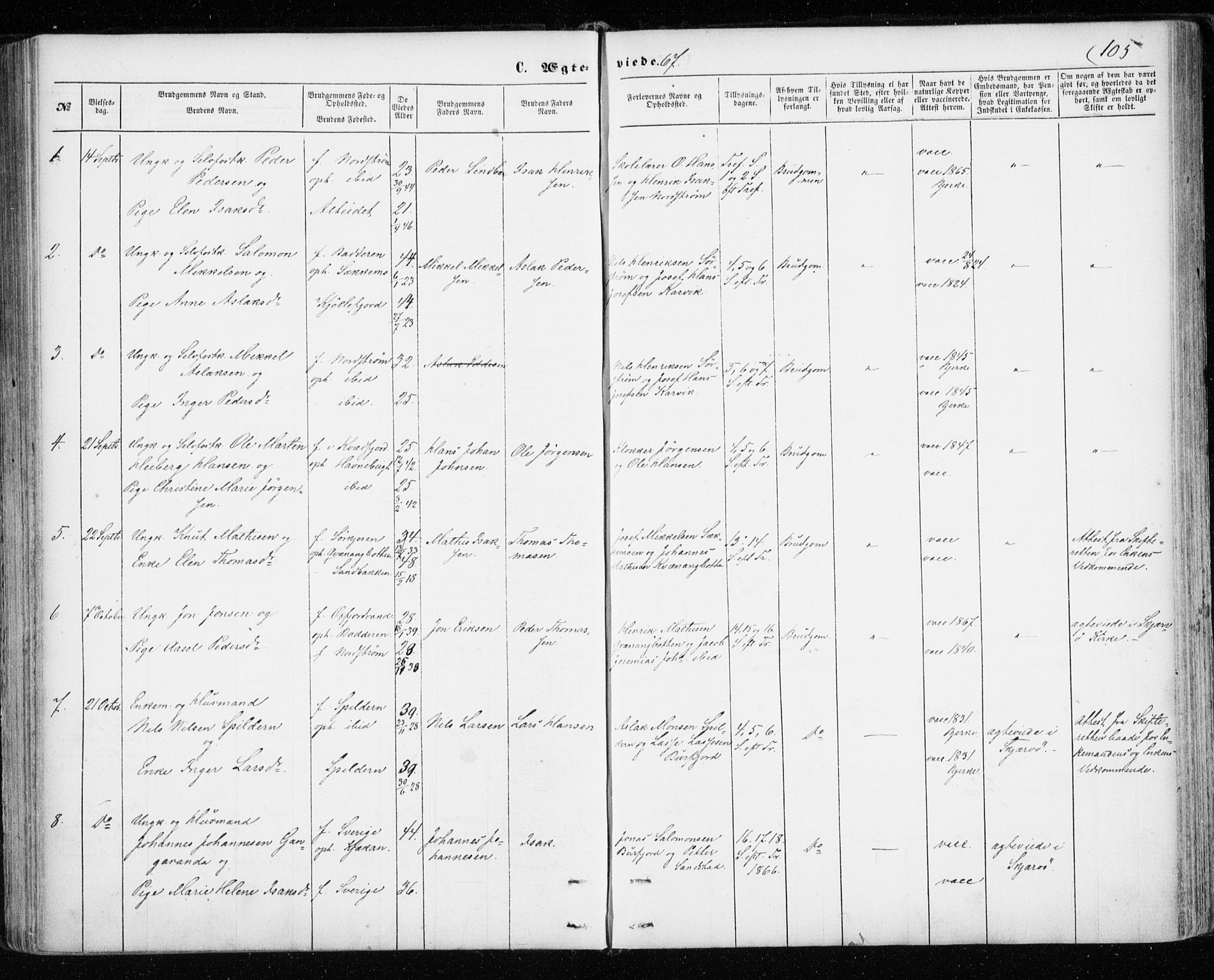 Skjervøy sokneprestkontor, SATØ/S-1300/H/Ha/Haa/L0011kirke: Parish register (official) no. 11, 1861-1877, p. 105