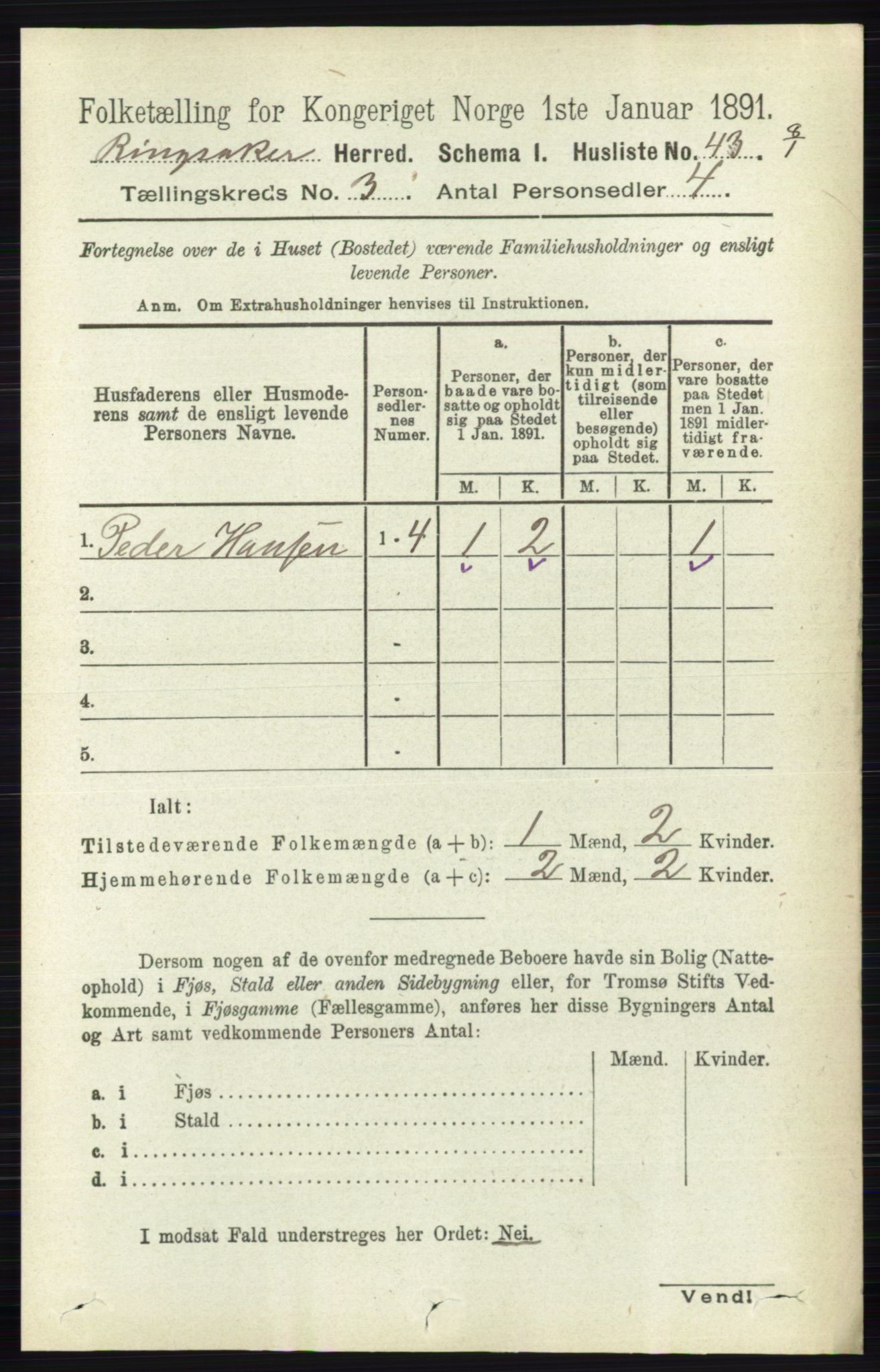 RA, 1891 census for 0412 Ringsaker, 1891, p. 1204