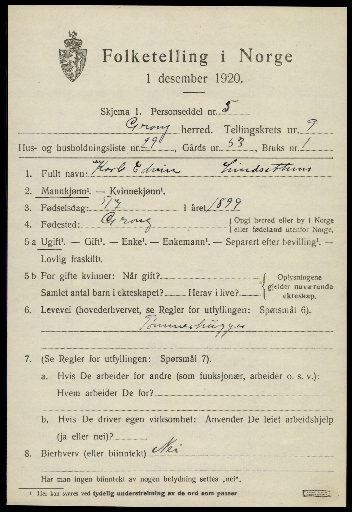 SAT, 1920 census for Grong, 1920, p. 5579