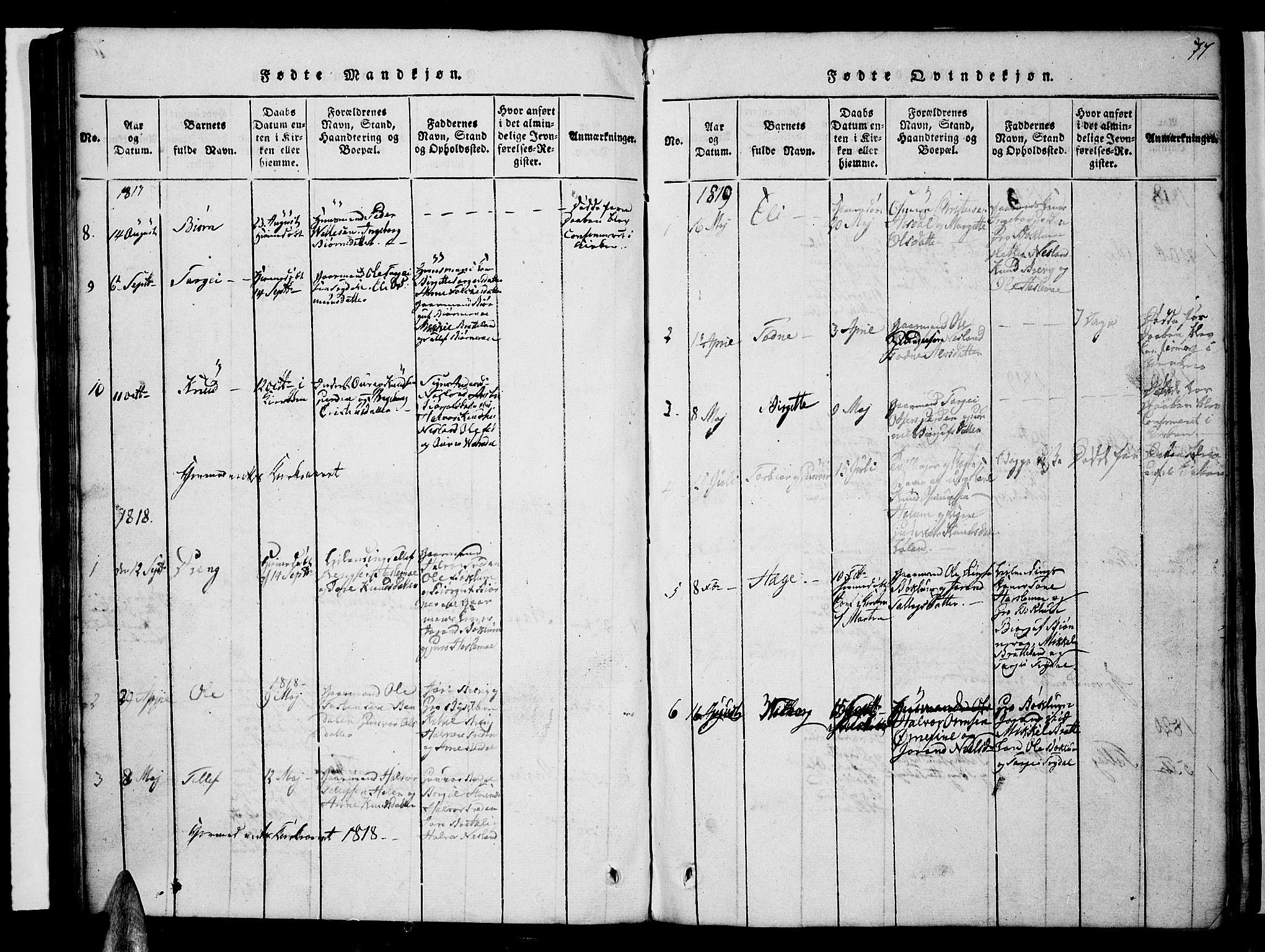 Valle sokneprestkontor, SAK/1111-0044/F/Fb/Fbc/L0001: Parish register (copy) no. B 1 /3, 1816-1829, p. 77