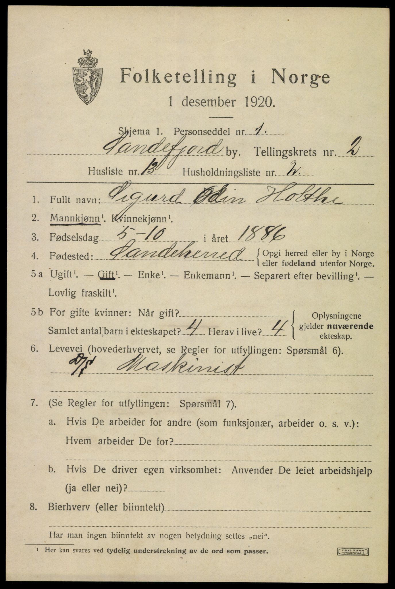 SAKO, 1920 census for Sandefjord, 1920, p. 5694