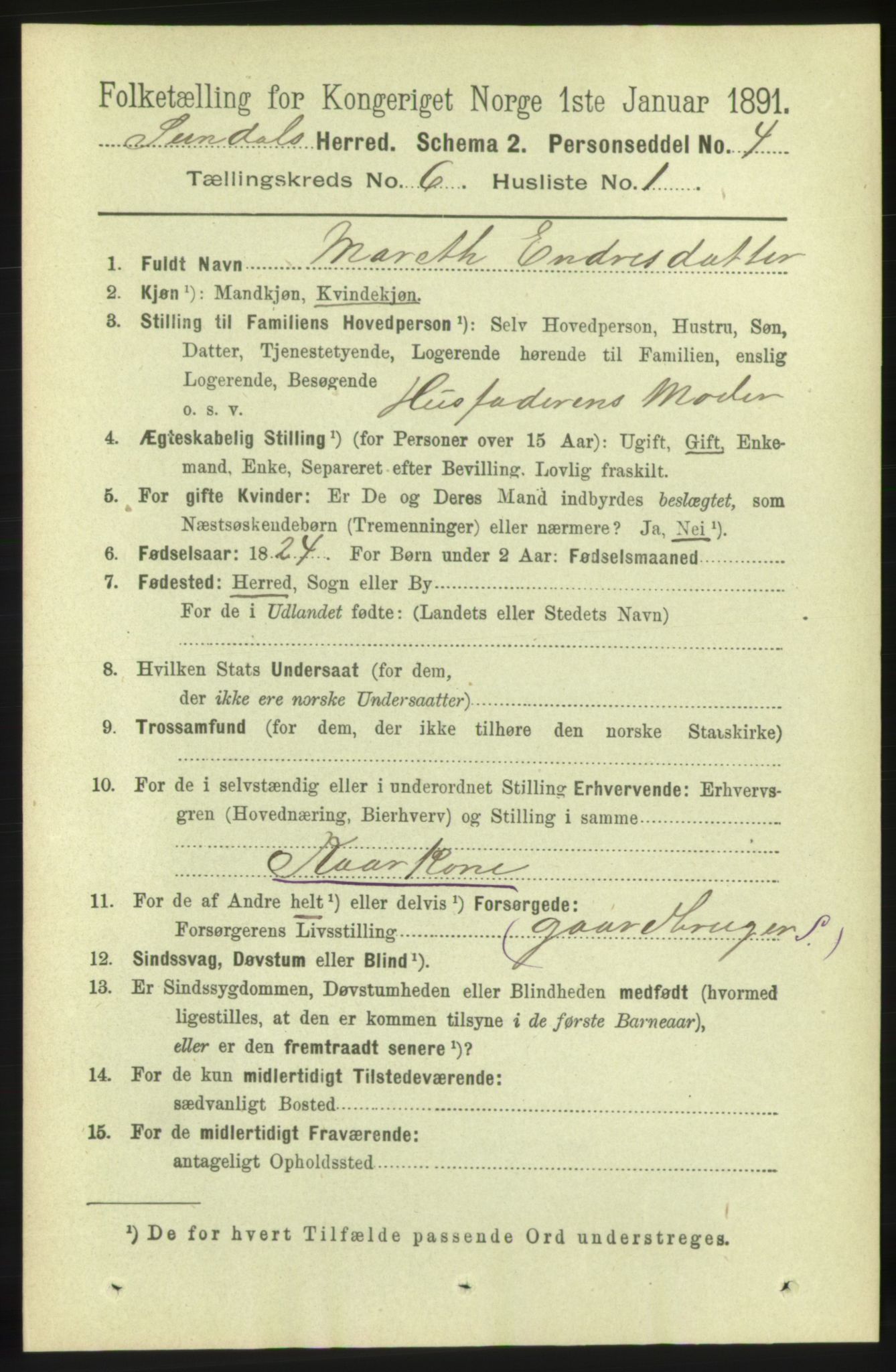 RA, 1891 census for 1563 Sunndal, 1891, p. 1578