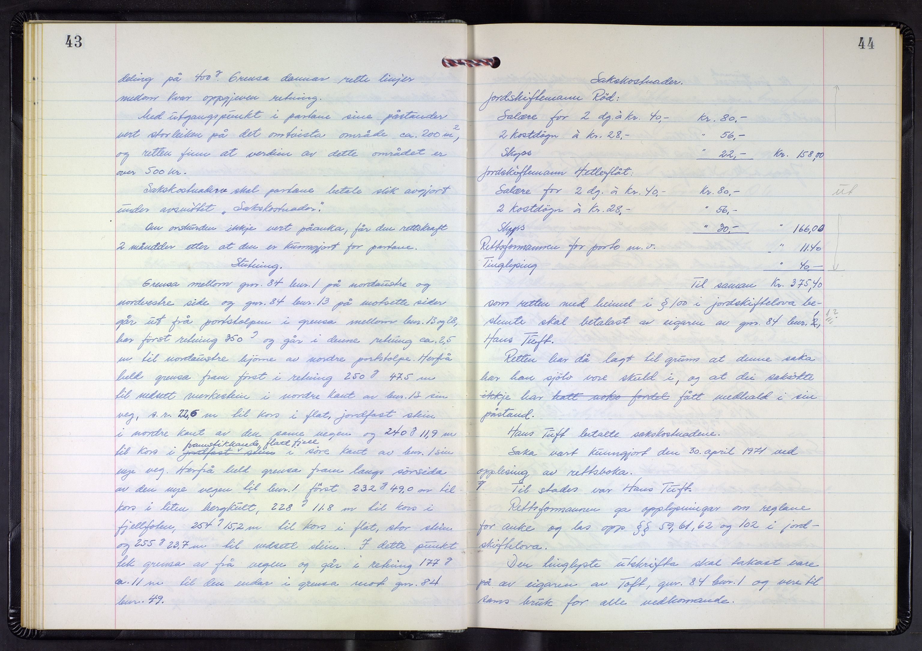 Hordaland jordskiftedøme - III Midhordland jordskiftedistrikt, AV/SAB-A-7001/A/Aa/L0040: Forhandlingsprotokoll, 1970-1976, p. 43-44