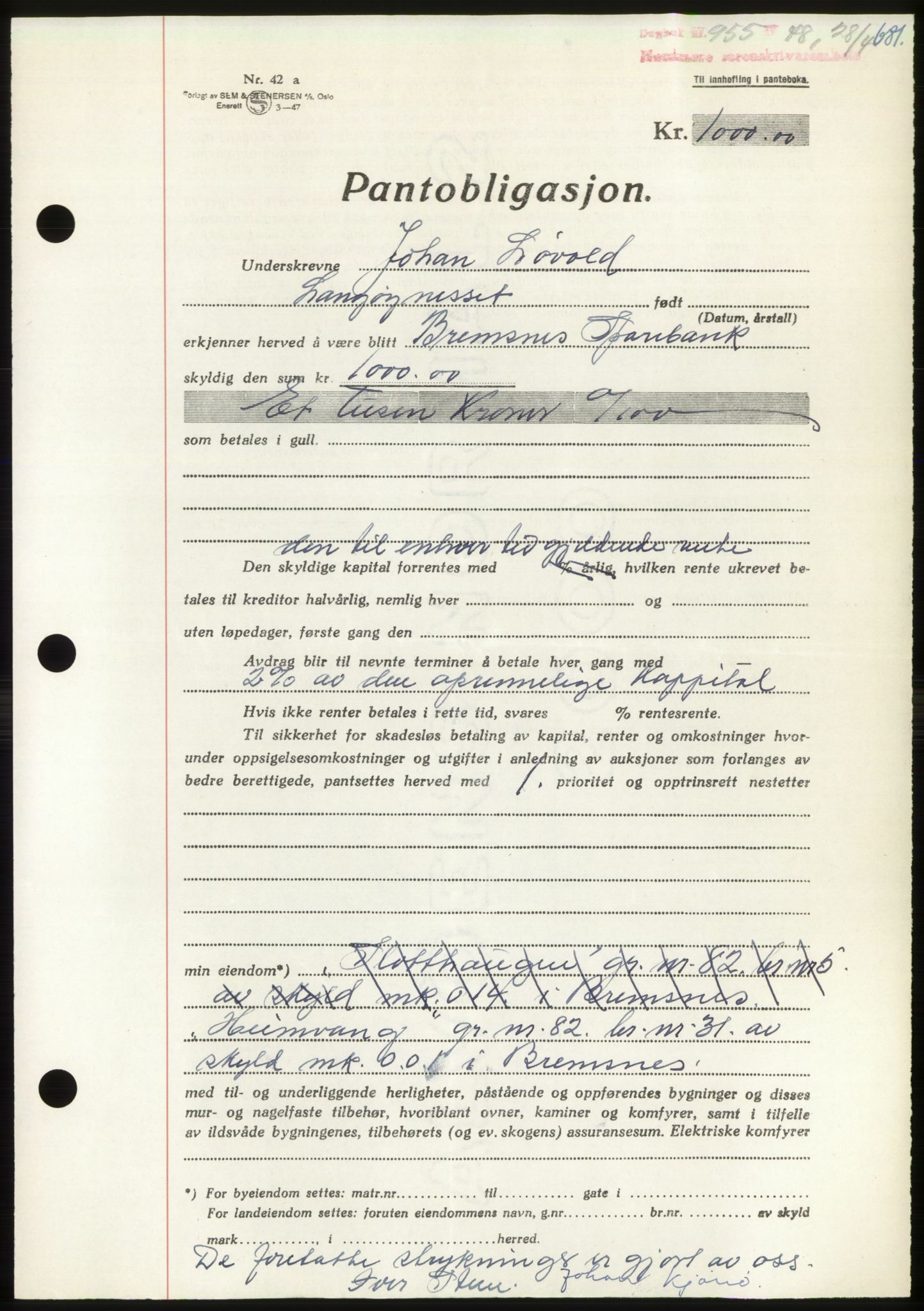 Nordmøre sorenskriveri, AV/SAT-A-4132/1/2/2Ca: Mortgage book no. B98, 1948-1948, Diary no: : 955/1948