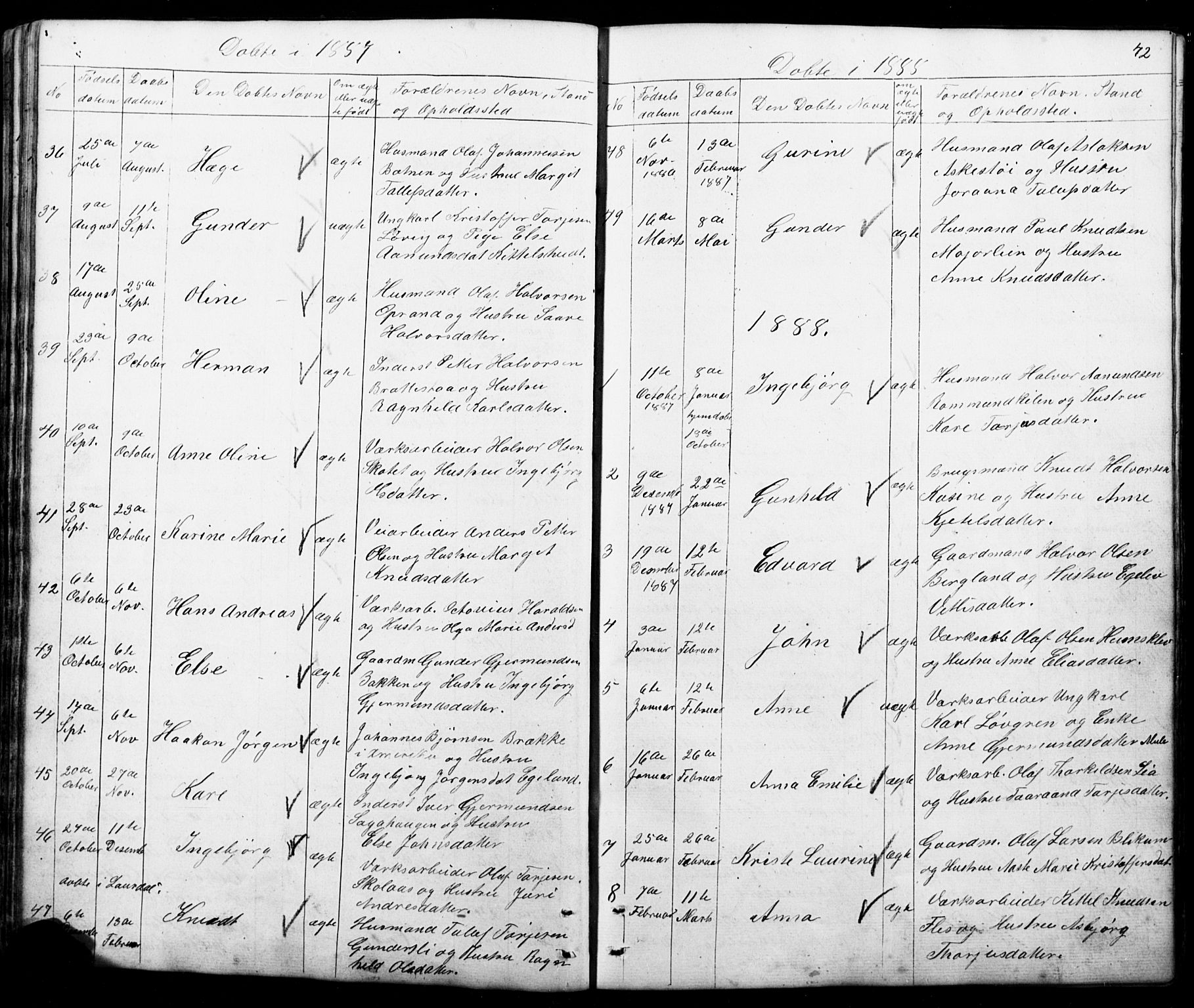 Mo kirkebøker, SAKO/A-286/G/Gb/L0002: Parish register (copy) no. II 2, 1851-1890, p. 42